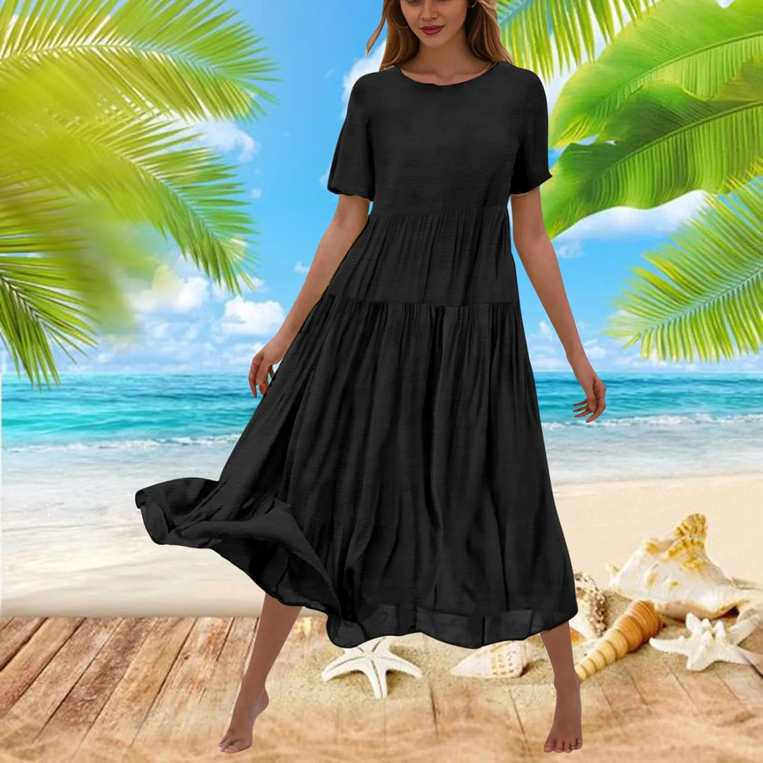 2025 Summer Dresses for Women Fashion Short Sleeve Flowy Dress Plus Size Stretchy Waist Pure Crewneck Dress