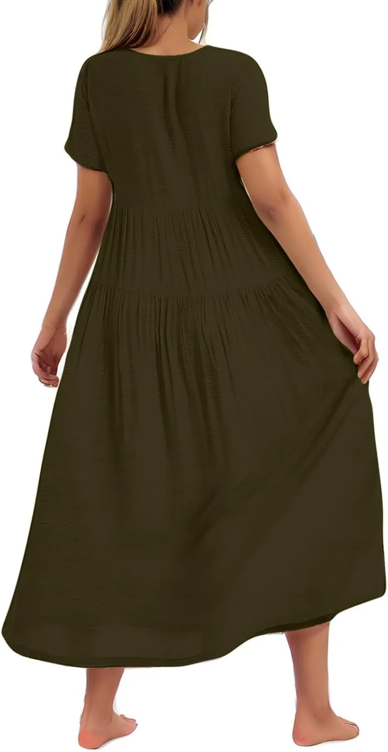 2025 Summer Dresses for Women Fashion Short Sleeve Flowy Dress Plus Size Stretchy Waist Pure Crewneck Dress