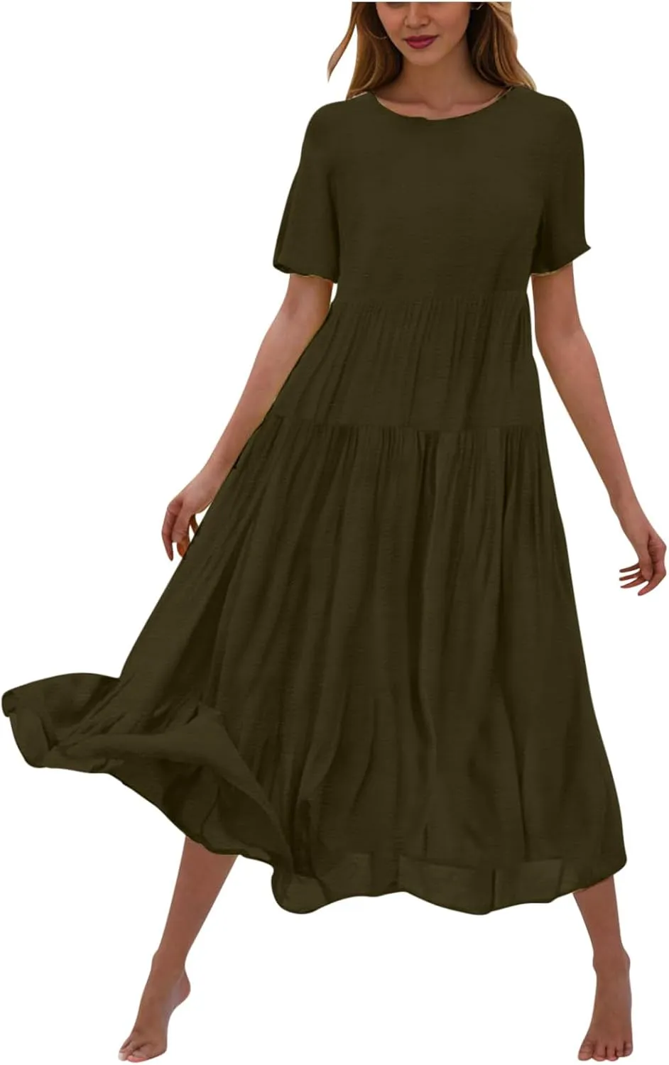 2025 Summer Dresses for Women Fashion Short Sleeve Flowy Dress Plus Size Stretchy Waist Pure Crewneck Dress