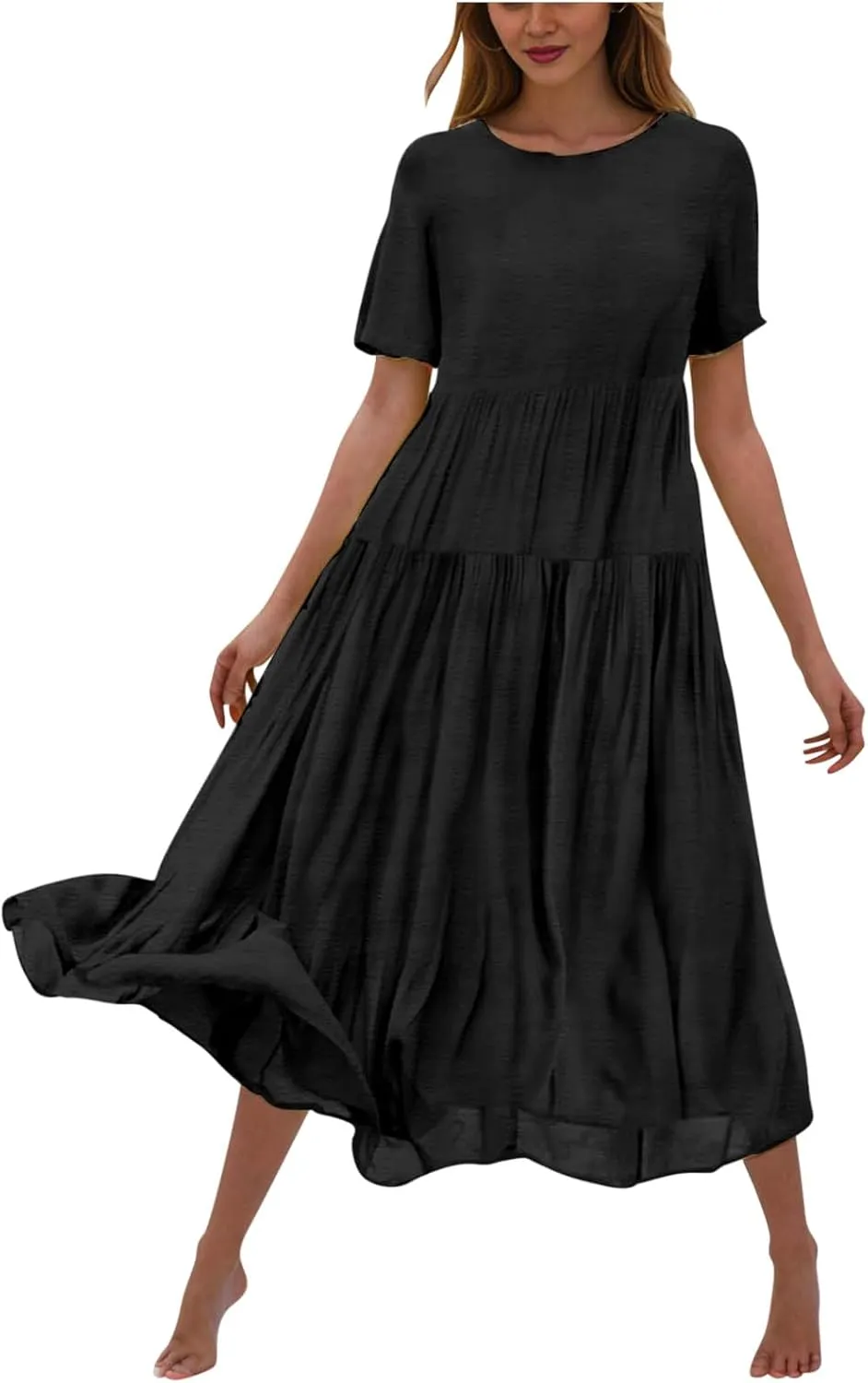 2025 Summer Dresses for Women Fashion Short Sleeve Flowy Dress Plus Size Stretchy Waist Pure Crewneck Dress