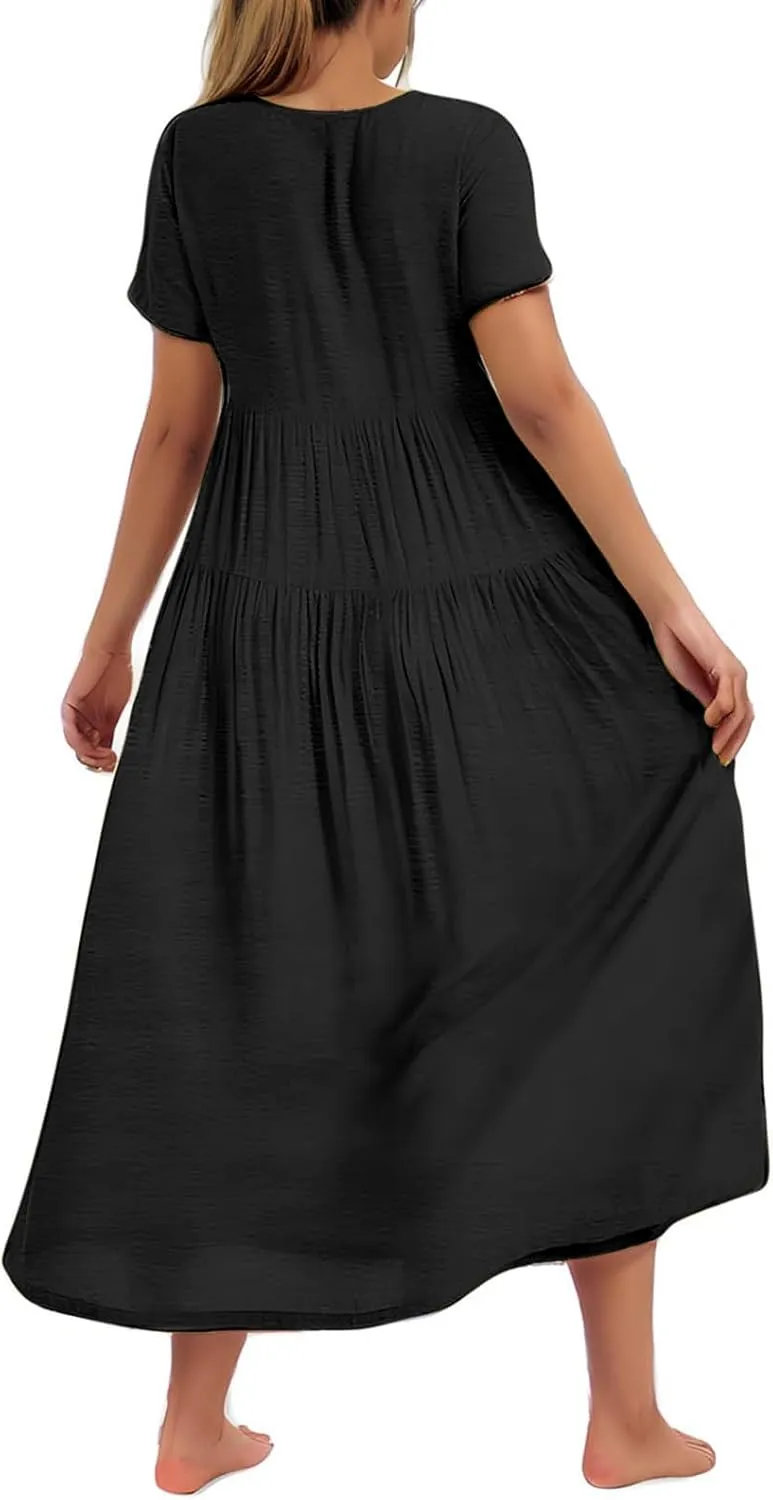 2025 Summer Dresses for Women Fashion Short Sleeve Flowy Dress Plus Size Stretchy Waist Pure Crewneck Dress