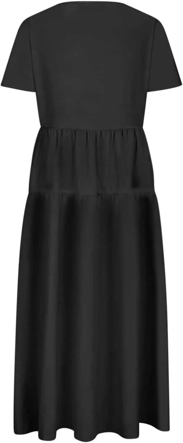 2025 Summer Dresses for Women Fashion Short Sleeve Flowy Dress Plus Size Stretchy Waist Pure Crewneck Dress