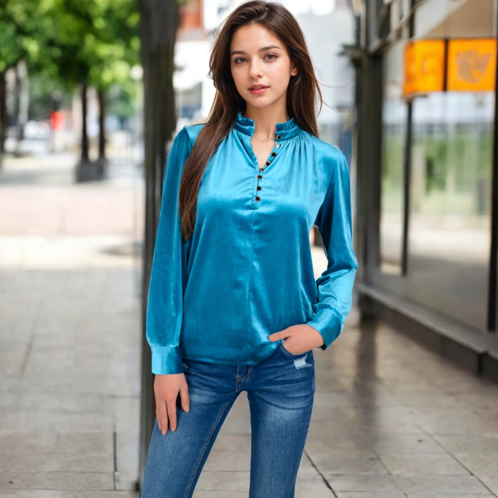 Anna-Kaci Women's Velvet Long Sleeve Blouse with Ruffled Collar and Button Detail