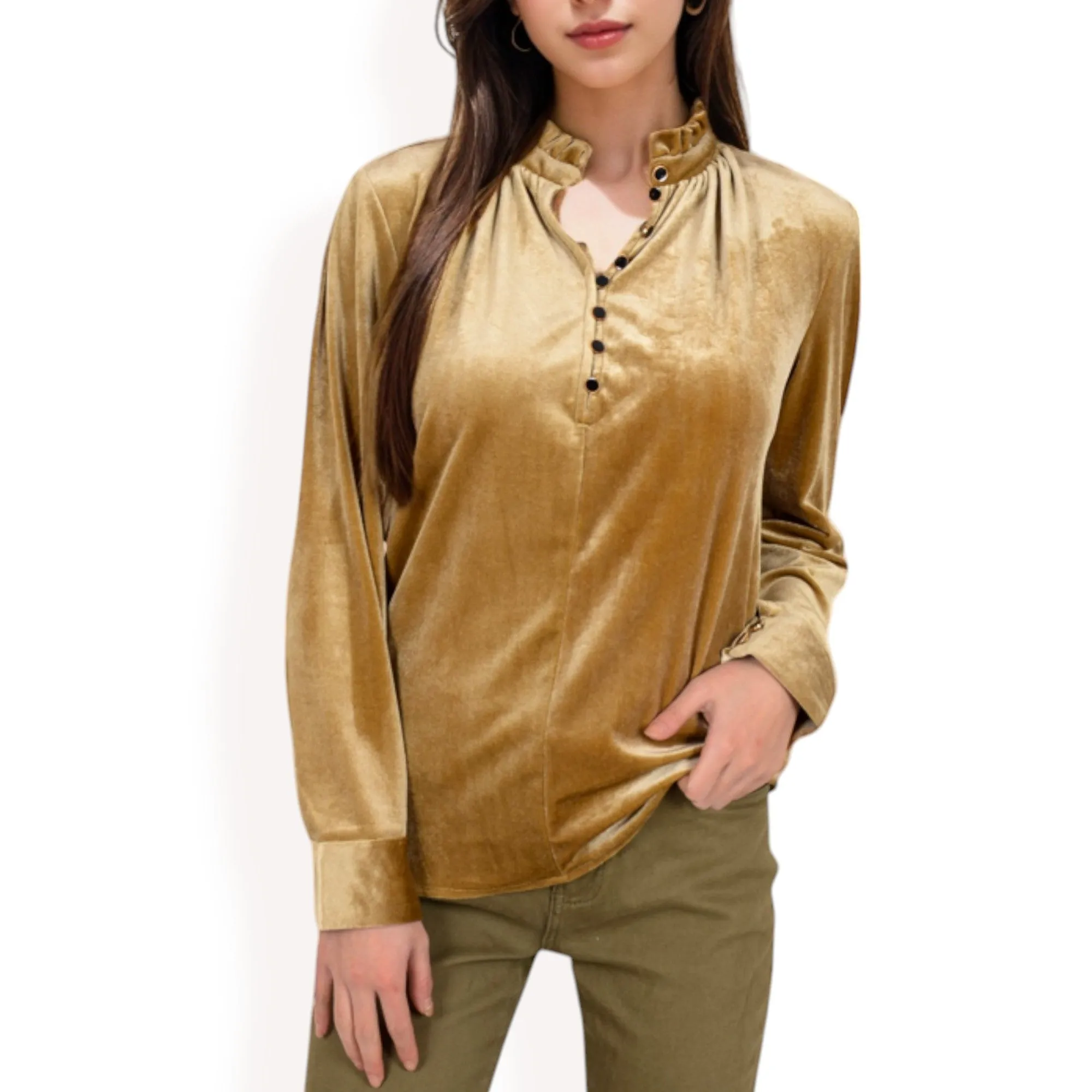 Anna-Kaci Women's Velvet Long Sleeve Blouse with Ruffled Collar and Button Detail