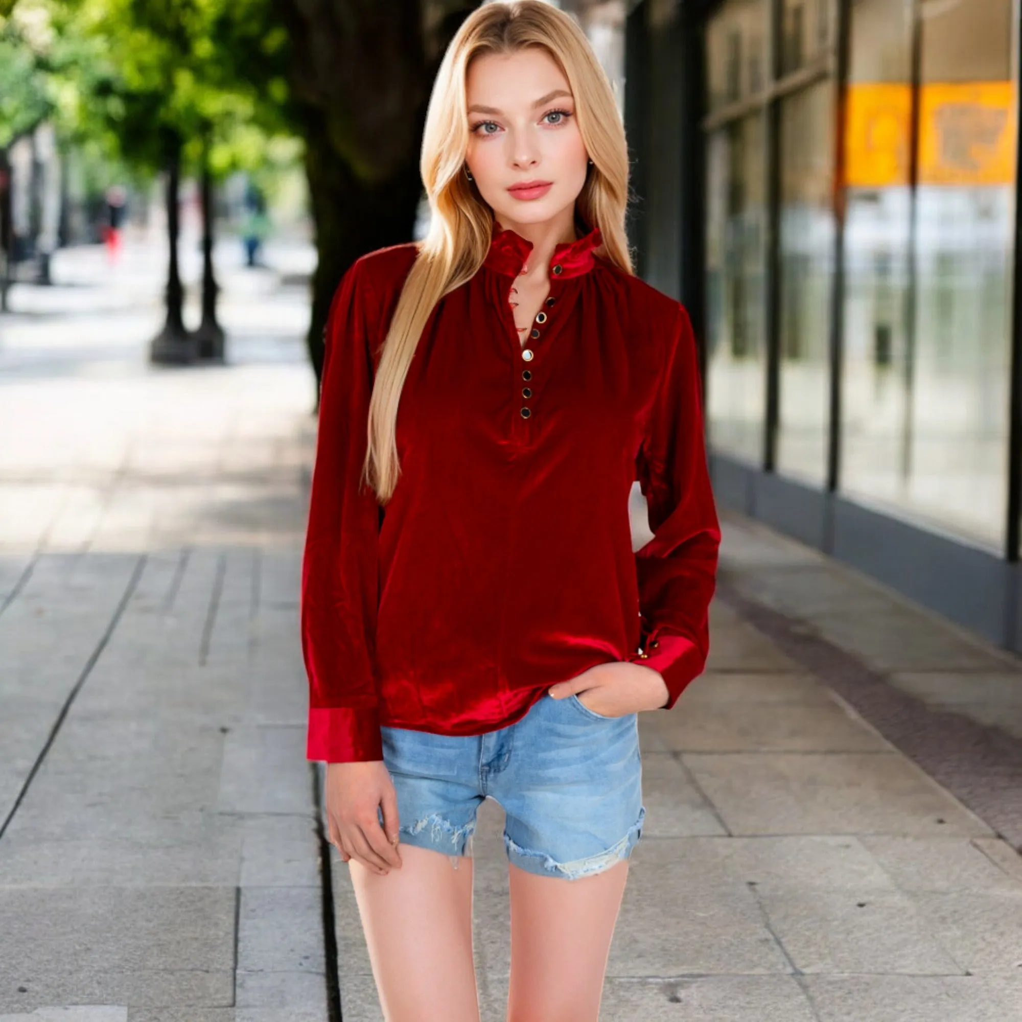 Anna-Kaci Women's Velvet Long Sleeve Blouse with Ruffled Collar and Button Detail
