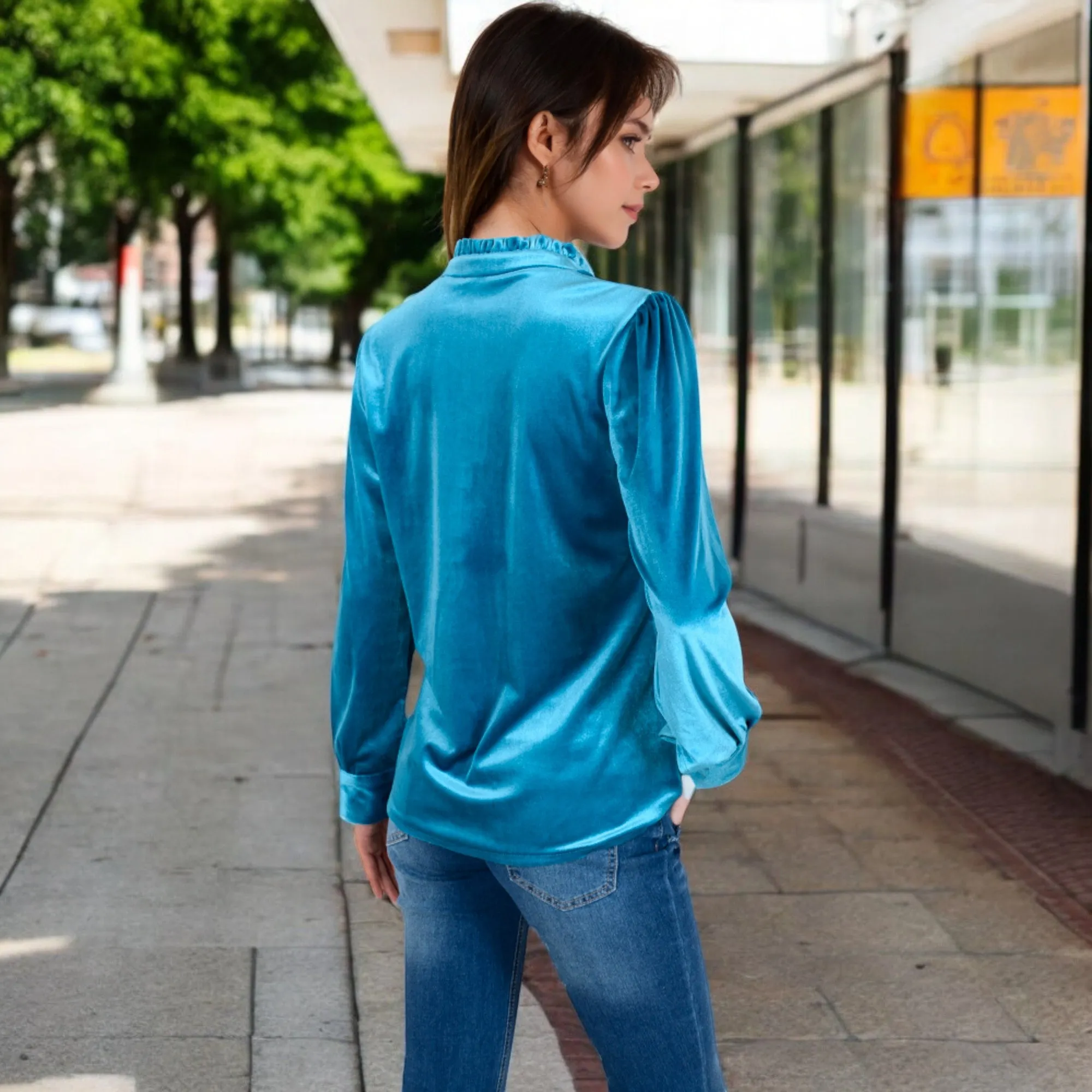 Anna-Kaci Women's Velvet Long Sleeve Blouse with Ruffled Collar and Button Detail