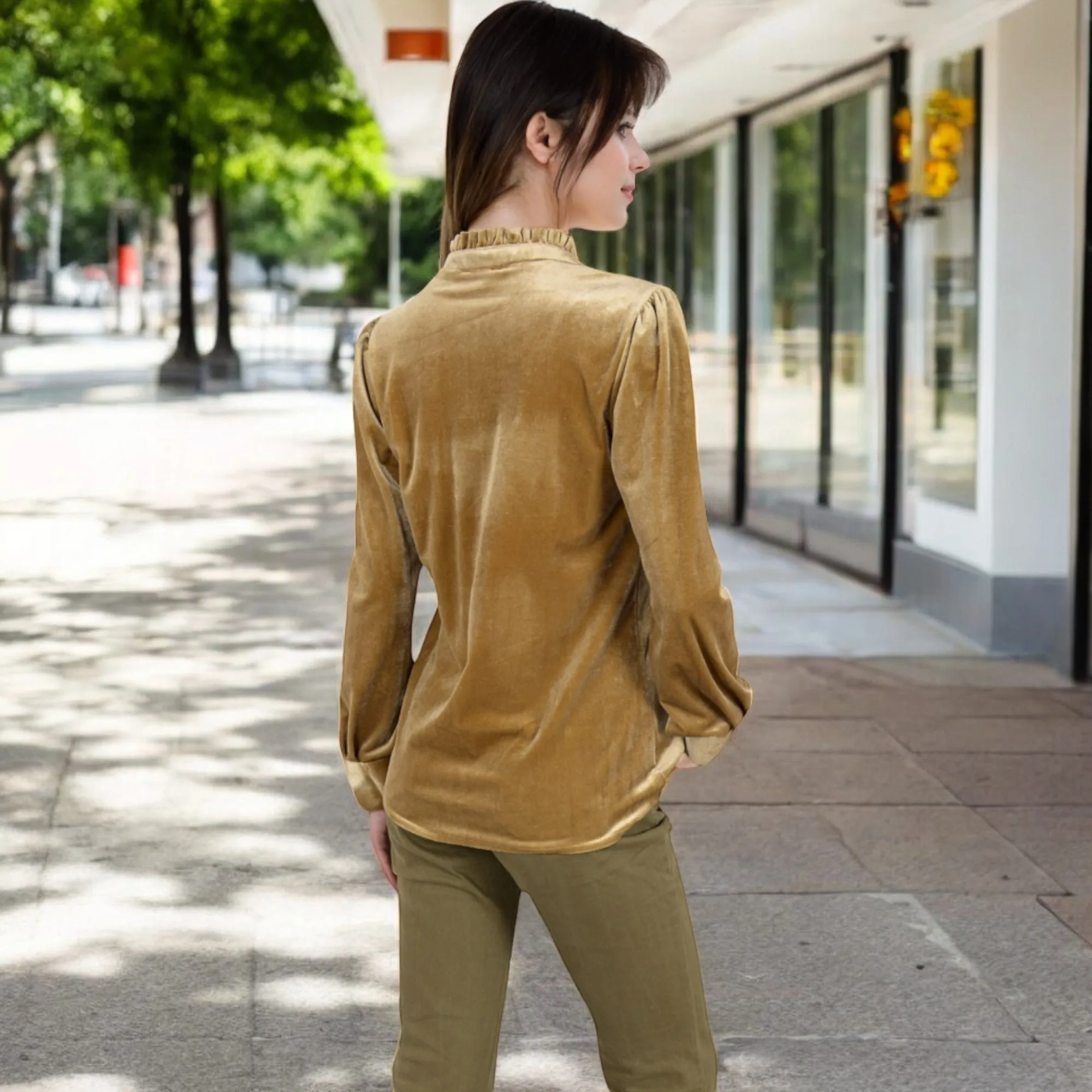 Anna-Kaci Women's Velvet Long Sleeve Blouse with Ruffled Collar and Button Detail
