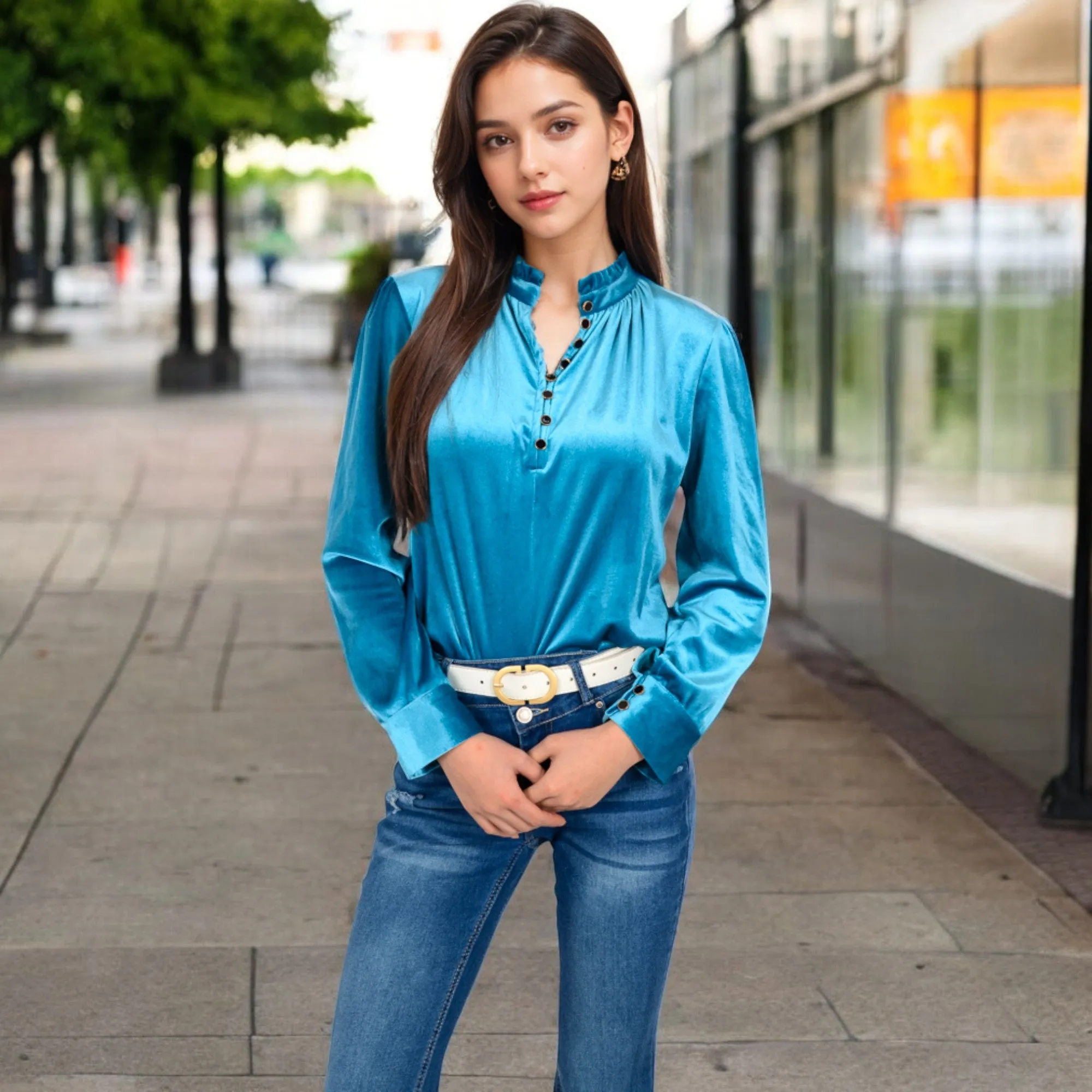 Anna-Kaci Women's Velvet Long Sleeve Blouse with Ruffled Collar and Button Detail
