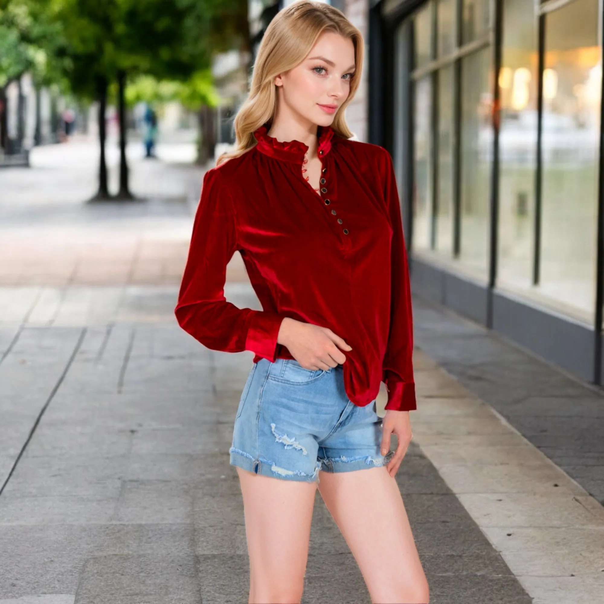 Anna-Kaci Women's Velvet Long Sleeve Blouse with Ruffled Collar and Button Detail