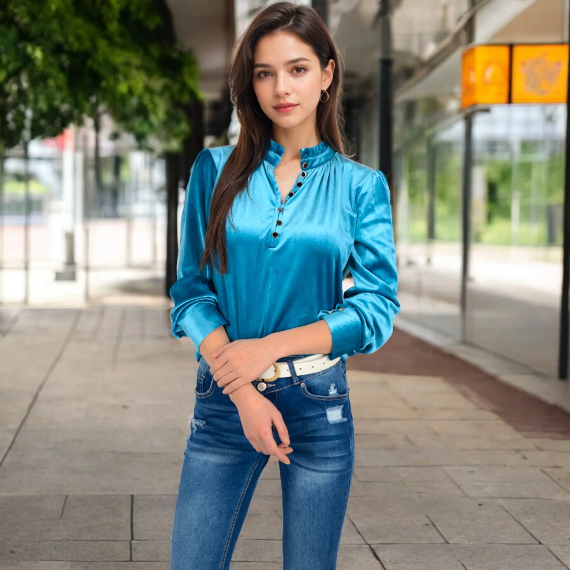 Anna-Kaci Women's Velvet Long Sleeve Blouse with Ruffled Collar and Button Detail