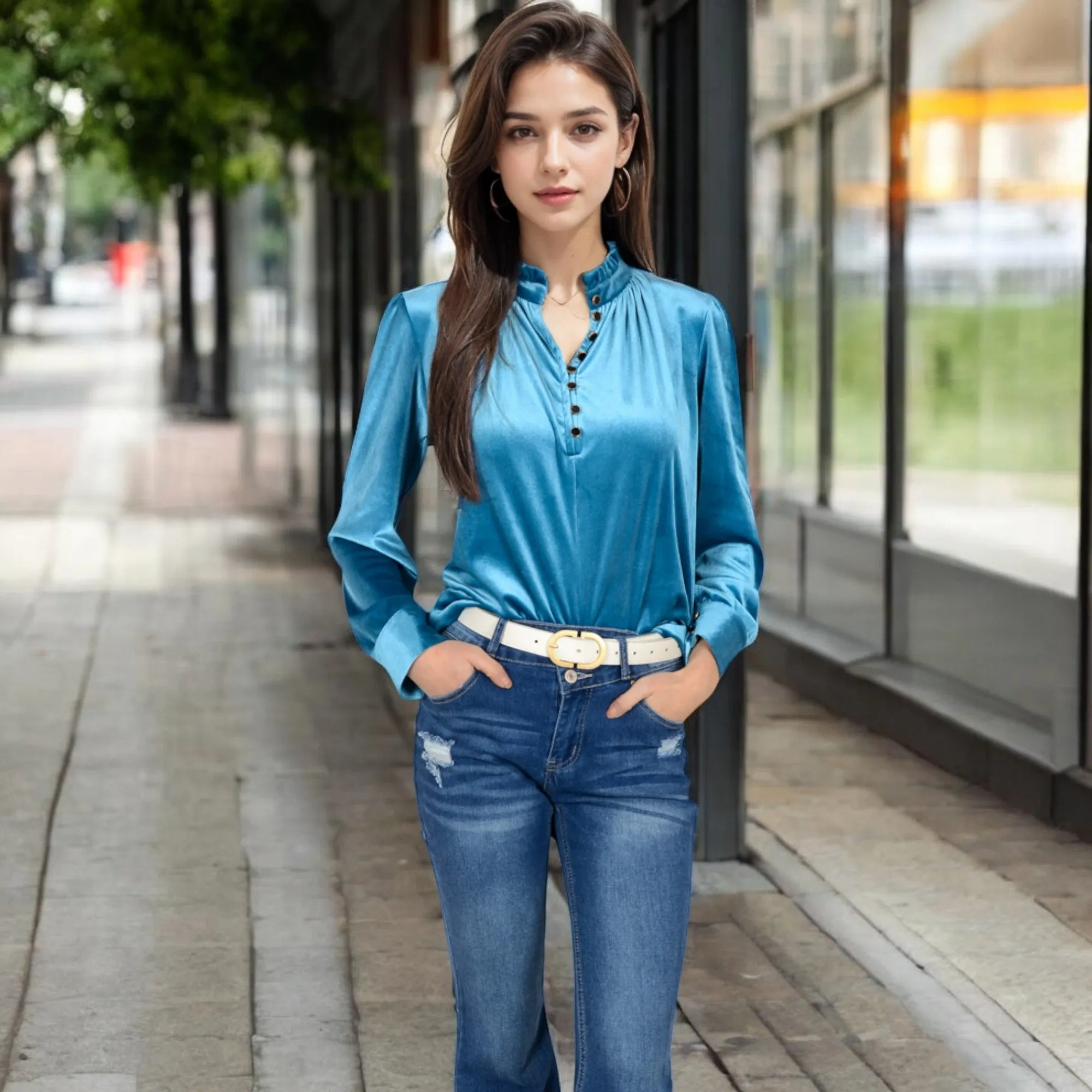 Anna-Kaci Women's Velvet Long Sleeve Blouse with Ruffled Collar and Button Detail