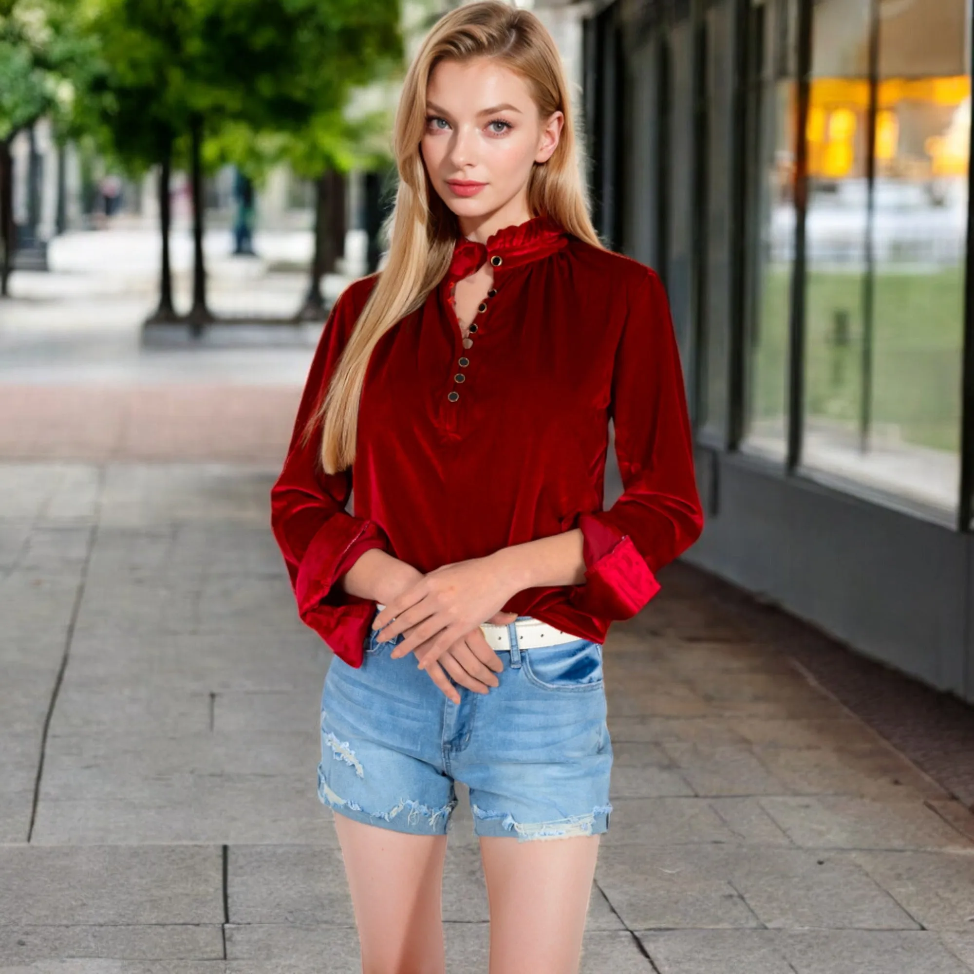 Anna-Kaci Women's Velvet Long Sleeve Blouse with Ruffled Collar and Button Detail