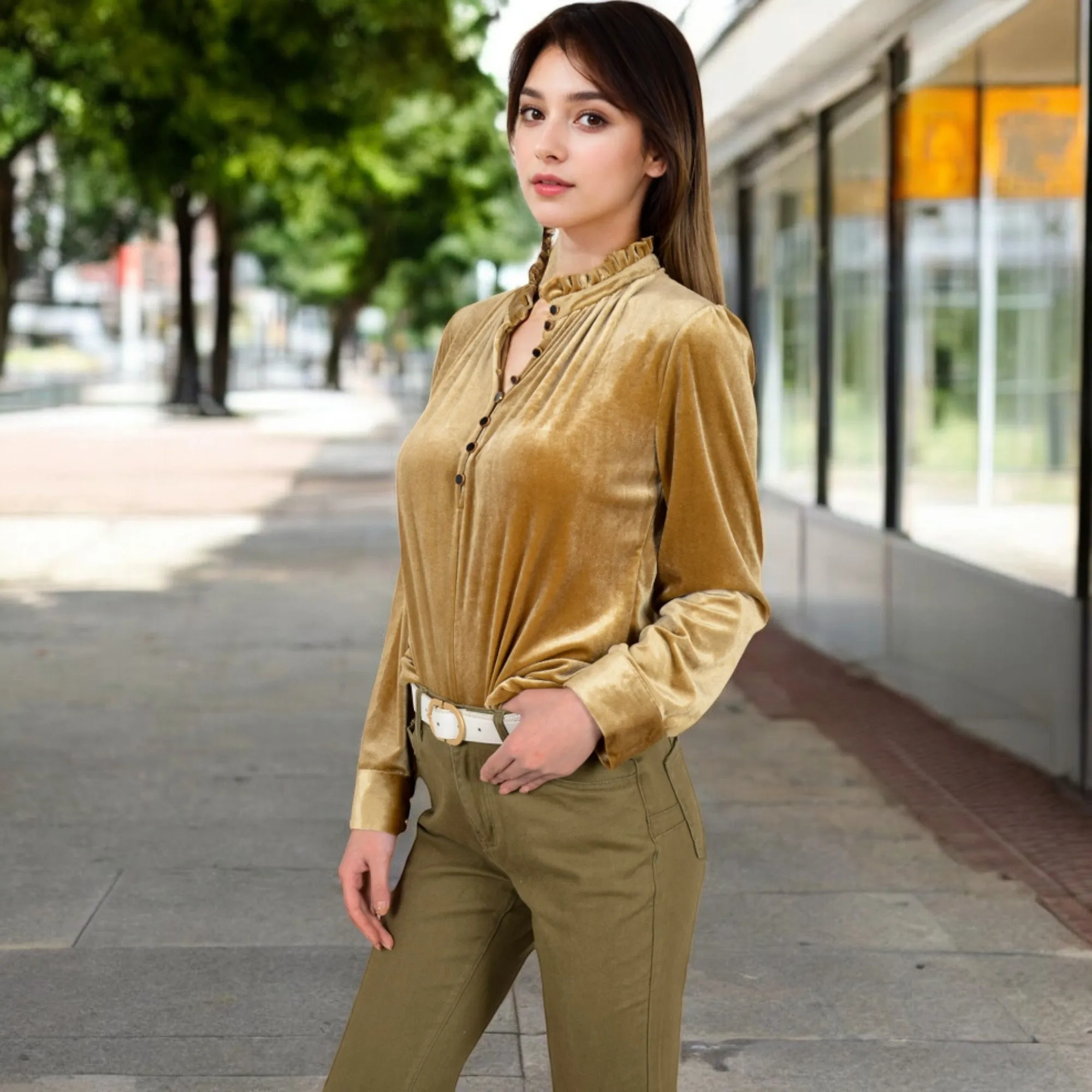 Anna-Kaci Women's Velvet Long Sleeve Blouse with Ruffled Collar and Button Detail