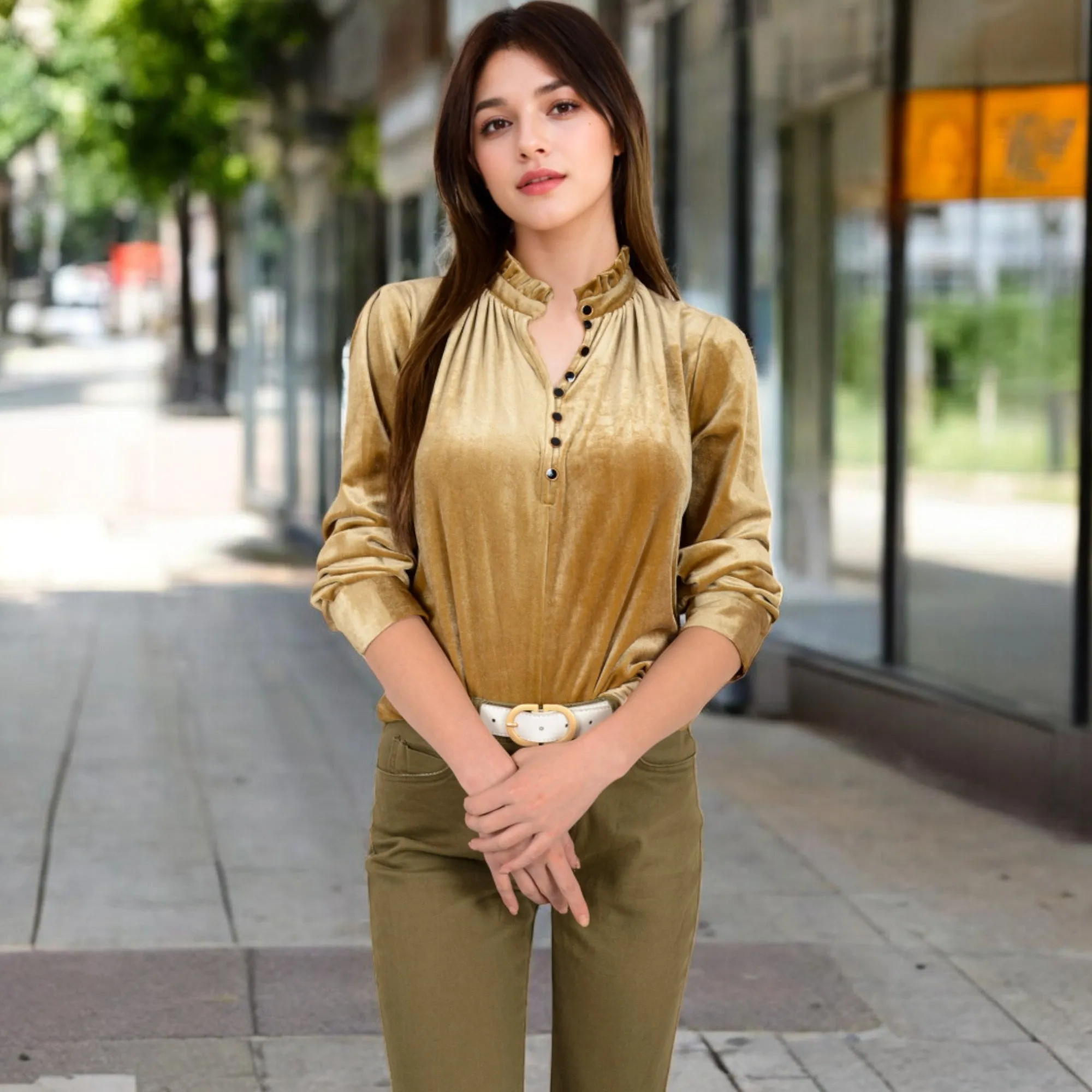 Anna-Kaci Women's Velvet Long Sleeve Blouse with Ruffled Collar and Button Detail