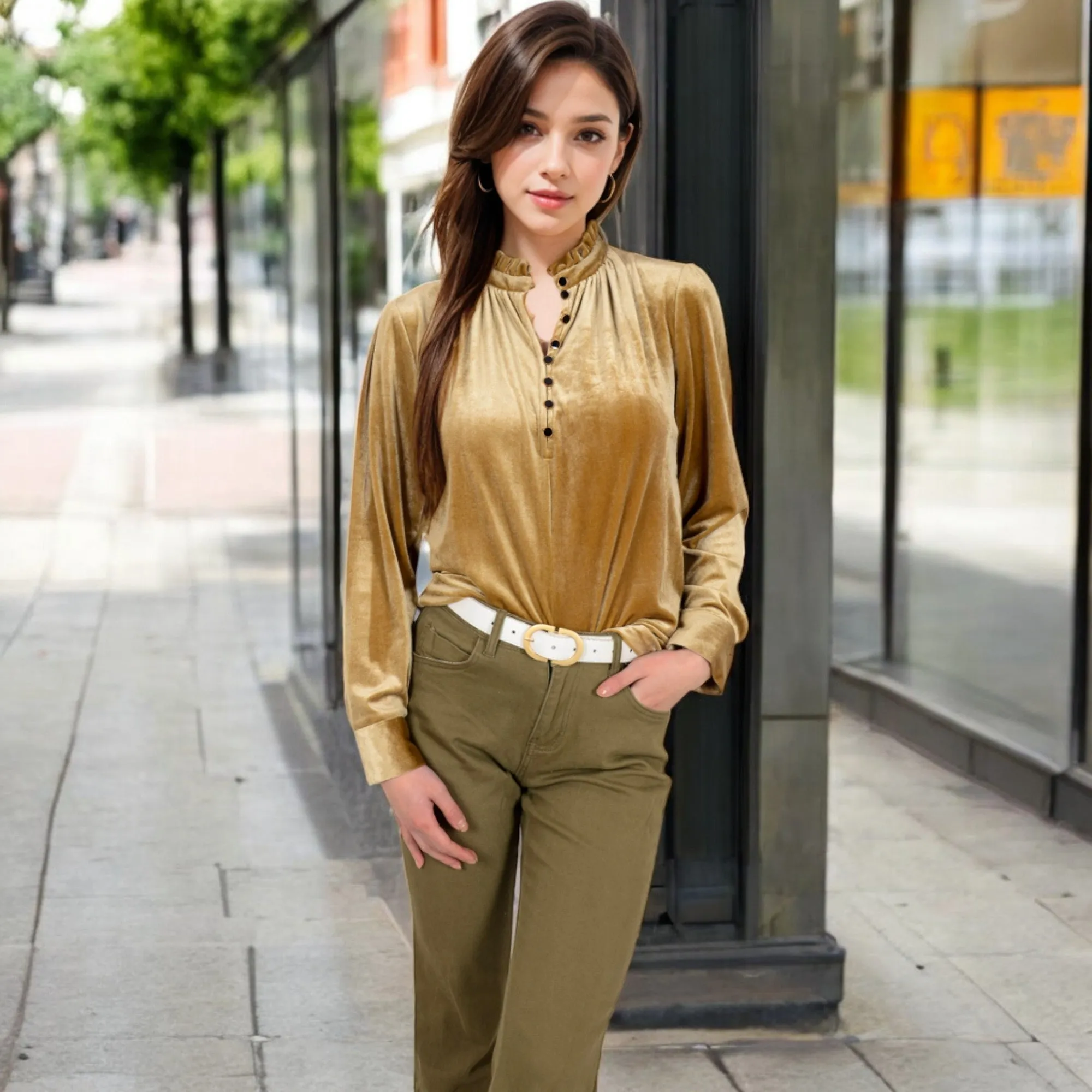 Anna-Kaci Women's Velvet Long Sleeve Blouse with Ruffled Collar and Button Detail