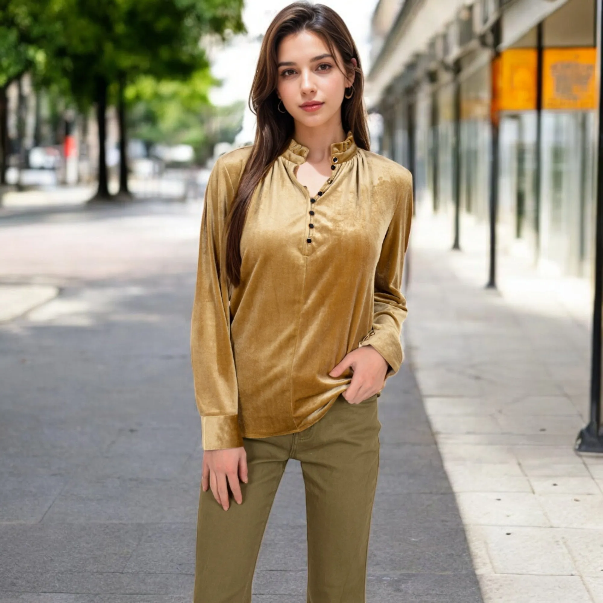 Anna-Kaci Women's Velvet Long Sleeve Blouse with Ruffled Collar and Button Detail