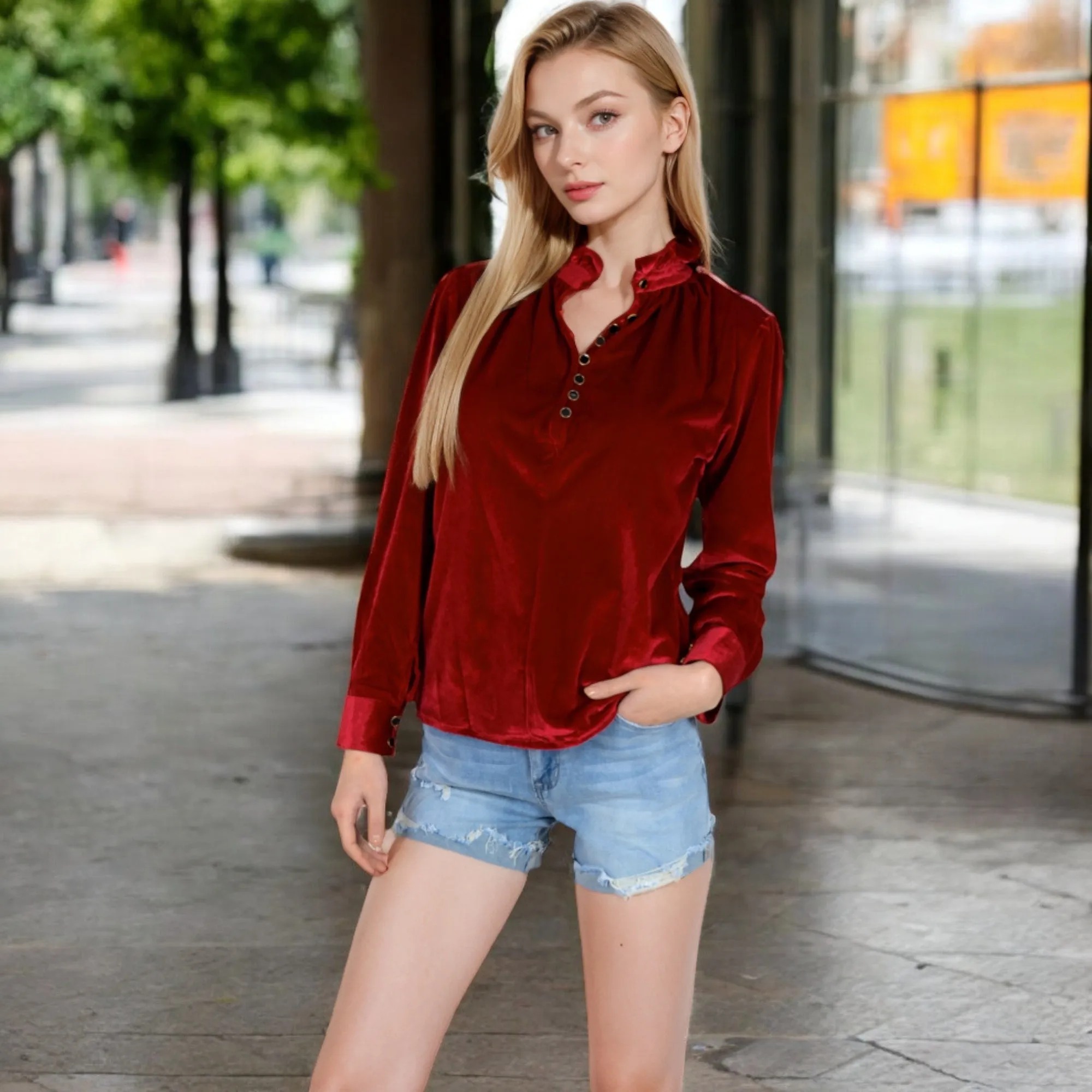 Anna-Kaci Women's Velvet Long Sleeve Blouse with Ruffled Collar and Button Detail
