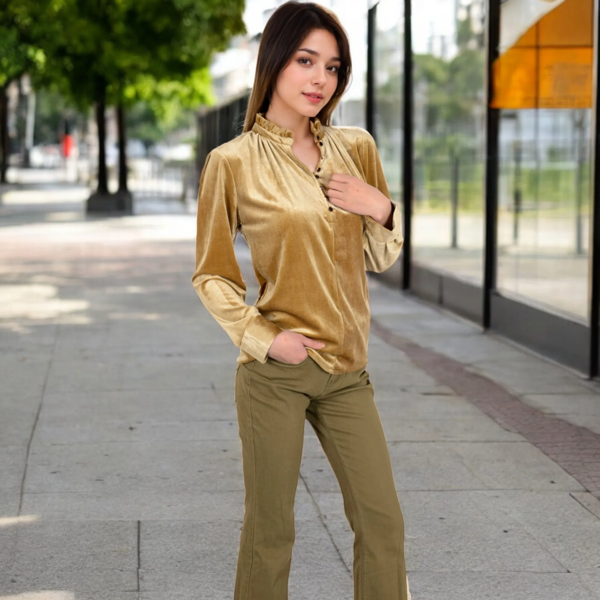 Anna-Kaci Women's Velvet Long Sleeve Blouse with Ruffled Collar and Button Detail