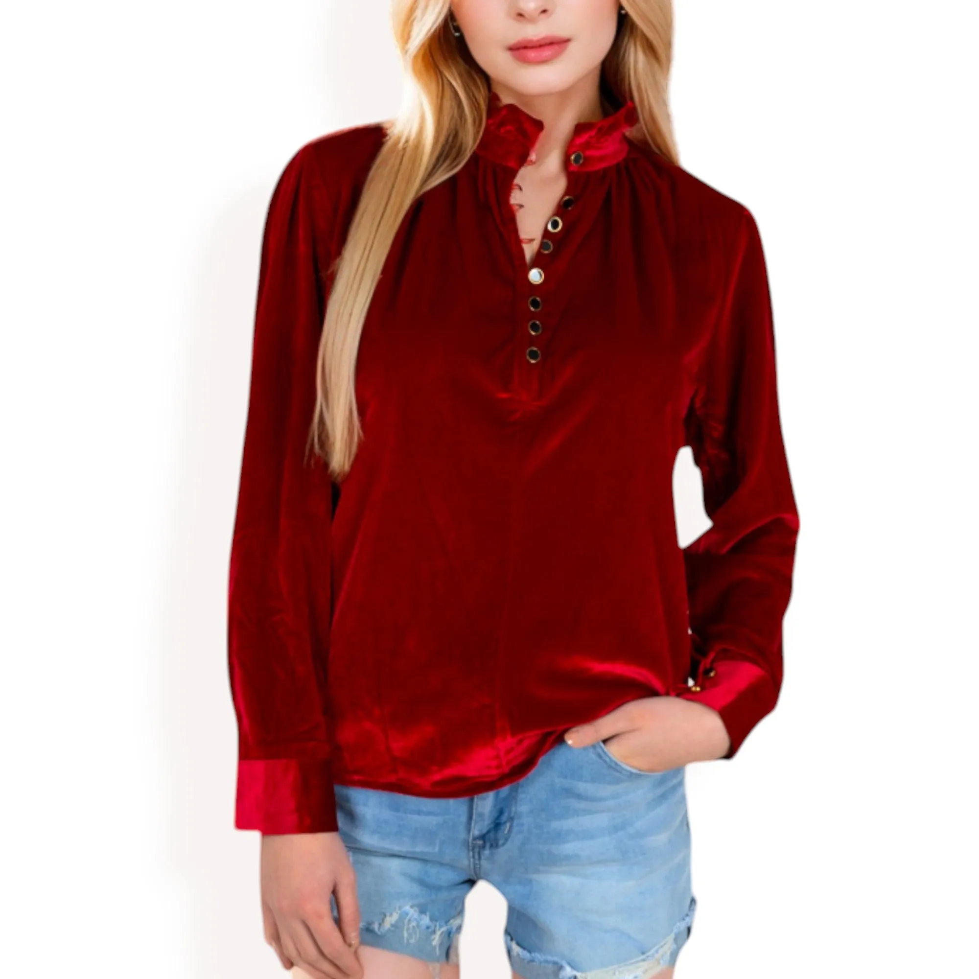 Anna-Kaci Women's Velvet Long Sleeve Blouse with Ruffled Collar and Button Detail