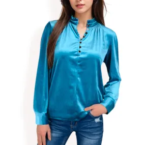 Anna-Kaci Women's Velvet Long Sleeve Blouse with Ruffled Collar and Button Detail