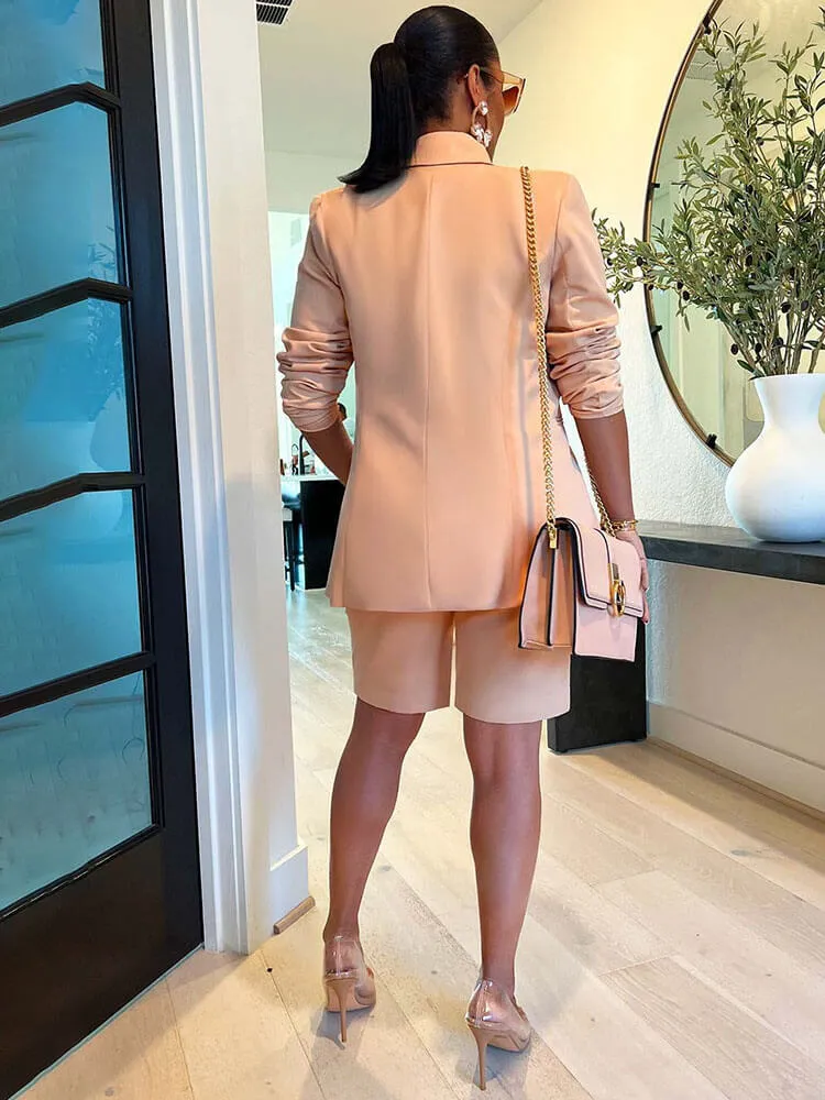Apricot Long Sleeve Blazer Shorts Outfit