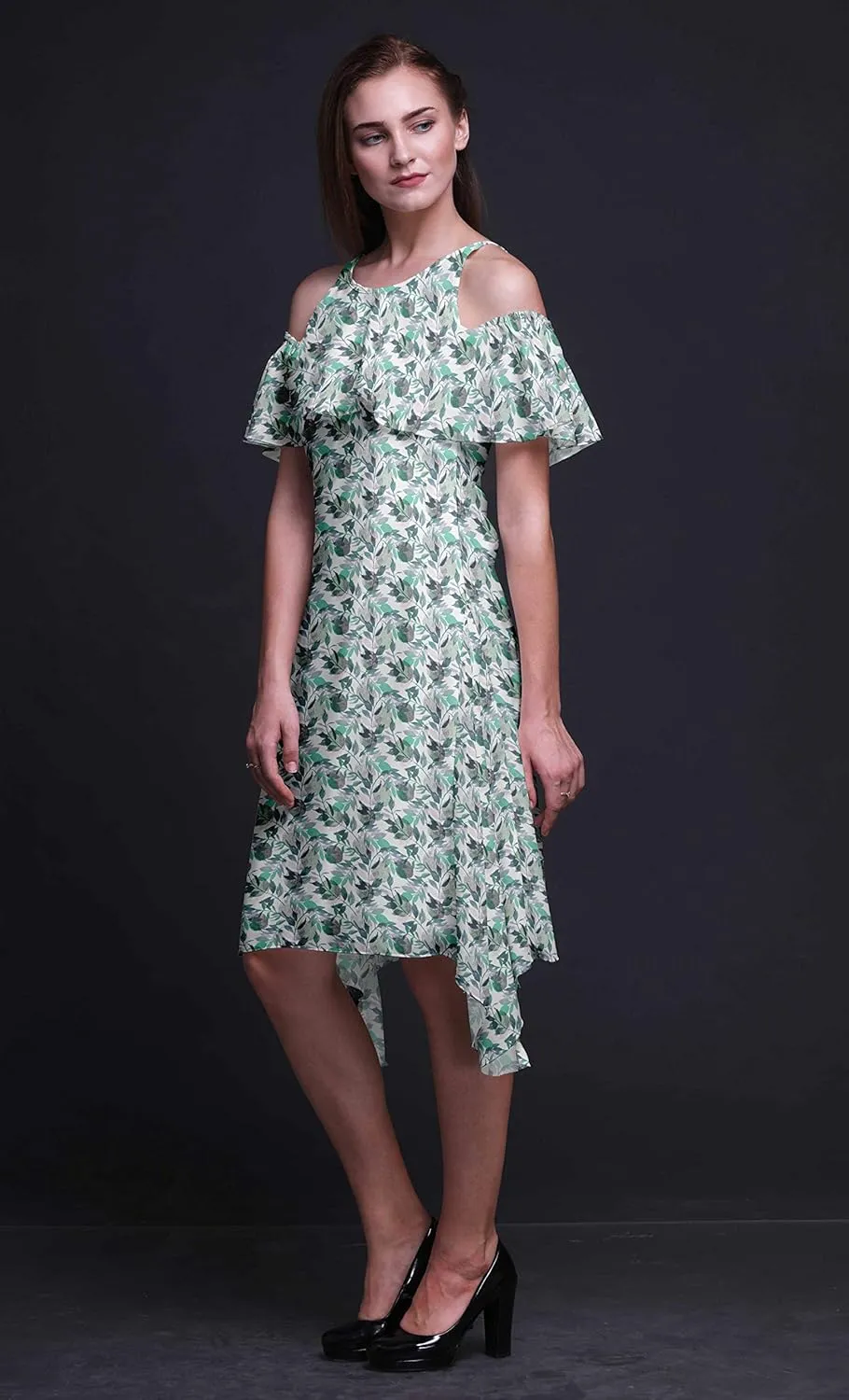 Bimba Moss Georgette Printed Womens Chic Style Cold Shoulder Tunic Party Round Neck Shift Dress