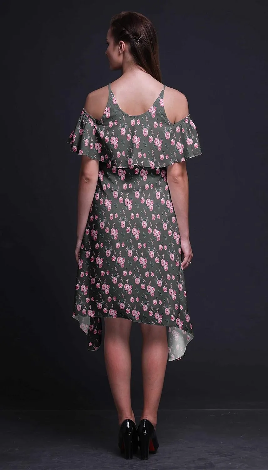 Bimba Moss Georgette Printed Womens Chic Style Cold Shoulder Tunic Party Round Neck Shift Dress