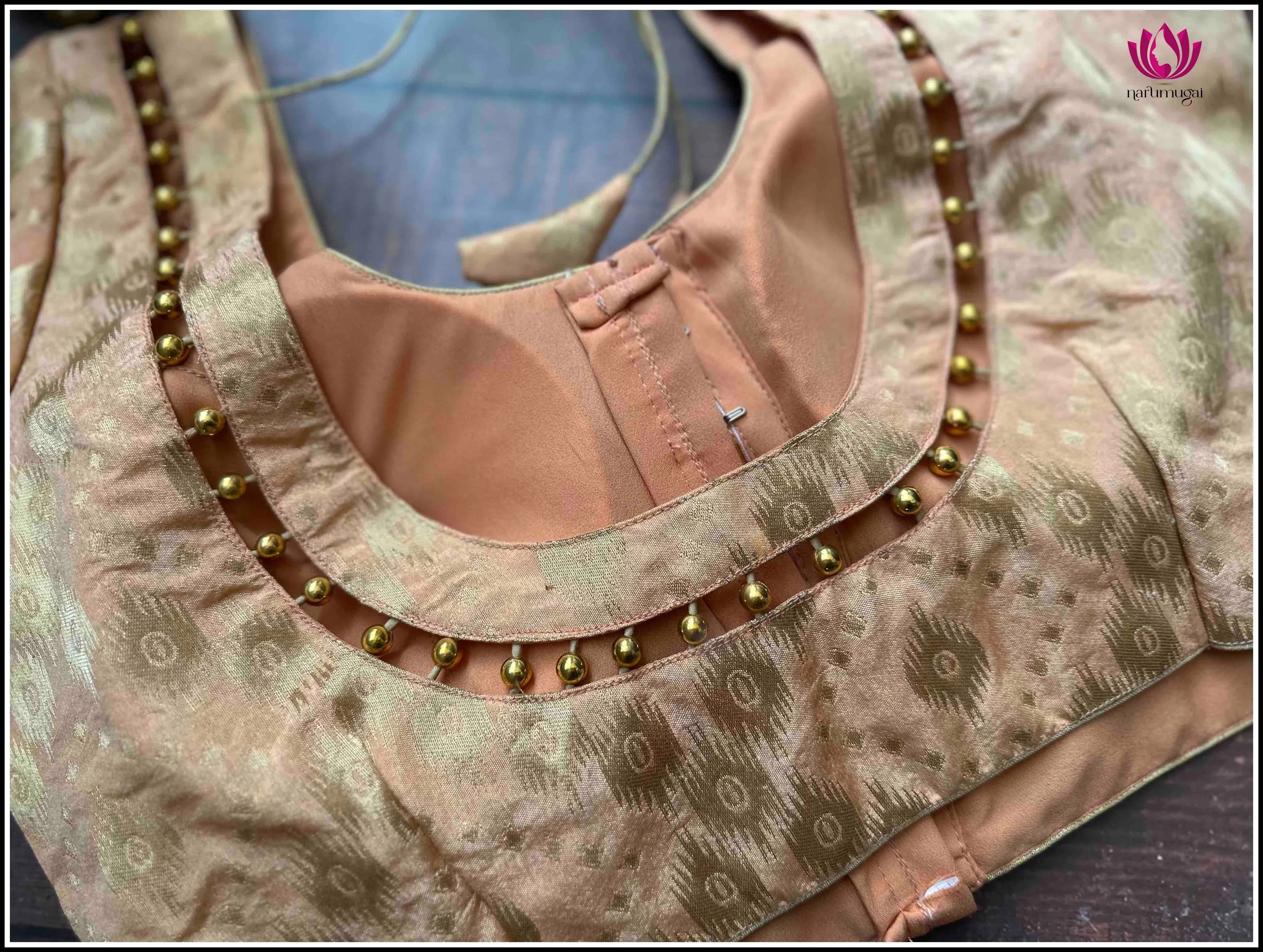 Broacade readymade blouse in Light Peach with Beaded Neck - Size 38