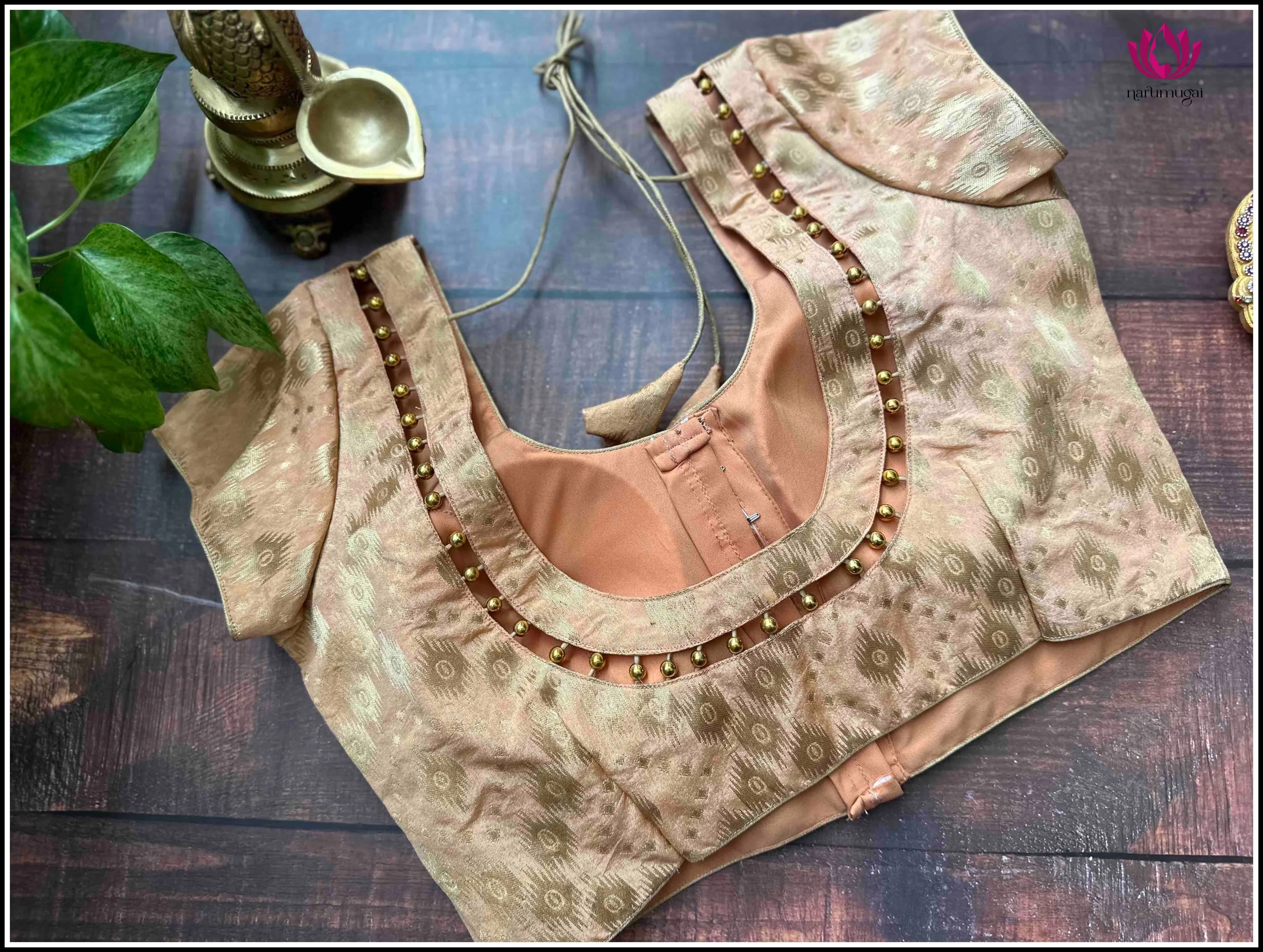 Broacade readymade blouse in Light Peach with Beaded Neck - Size 38