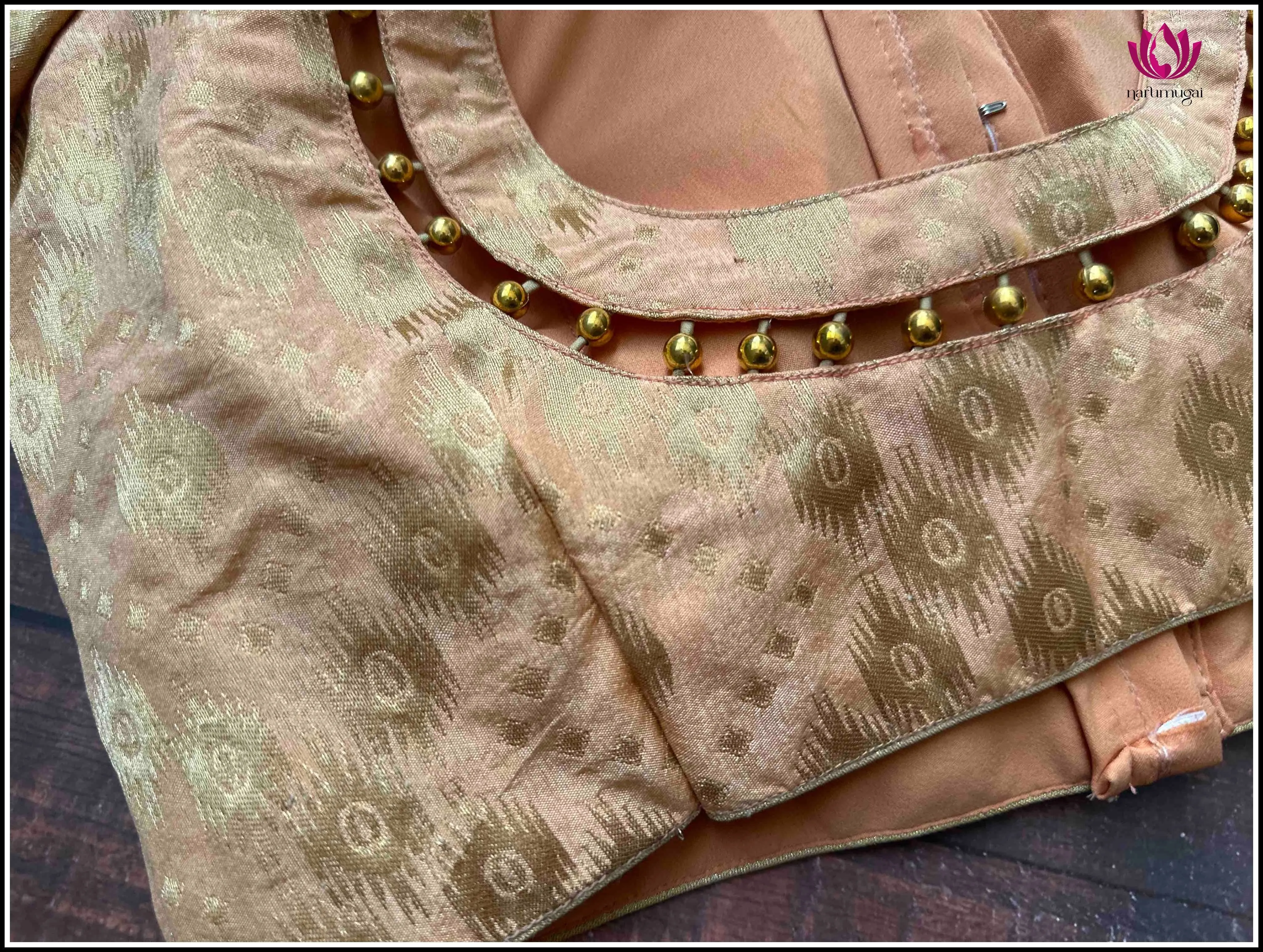 Broacade readymade blouse in Light Peach with Beaded Neck - Size 38