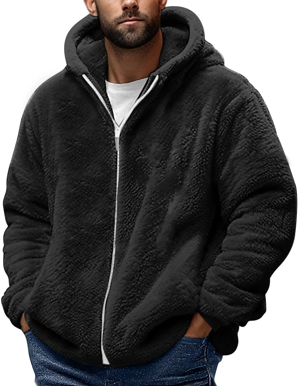 Cambkatl Men's Fuzzy Sherpa Hoodie Jacket Full Zip Up Fleece Long Sleeve Loose Soft Hooded Sweatshirt Athletic Sports Coat