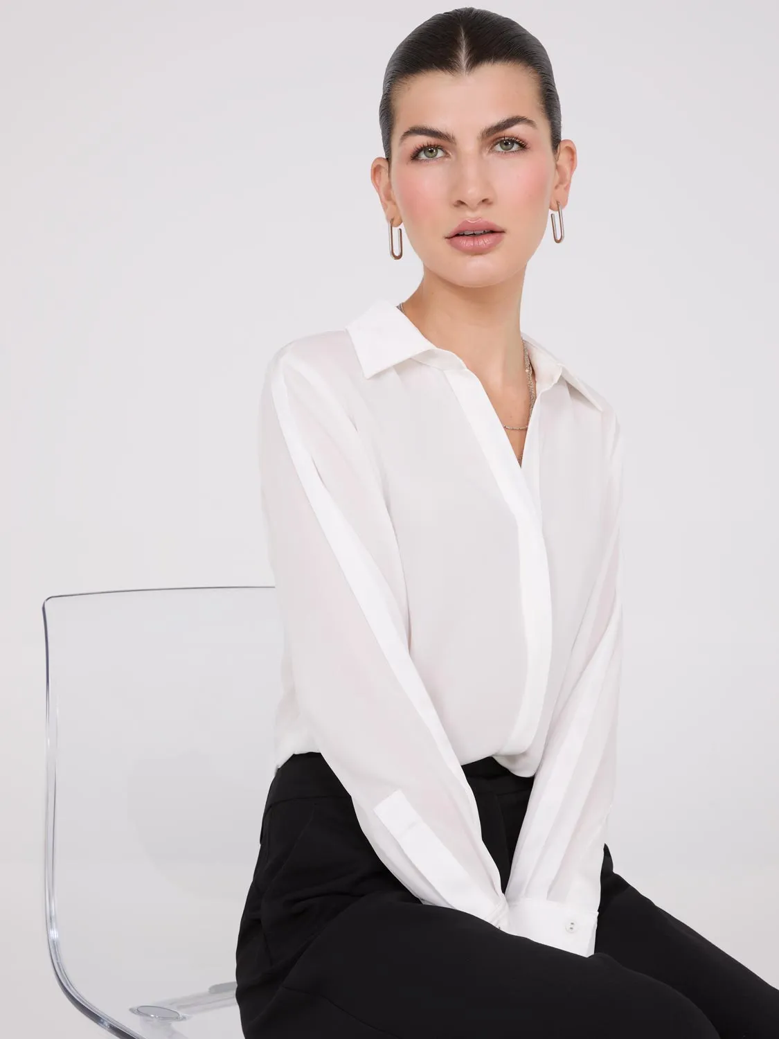 Chiffon Button-Front Blouse With Satin Details