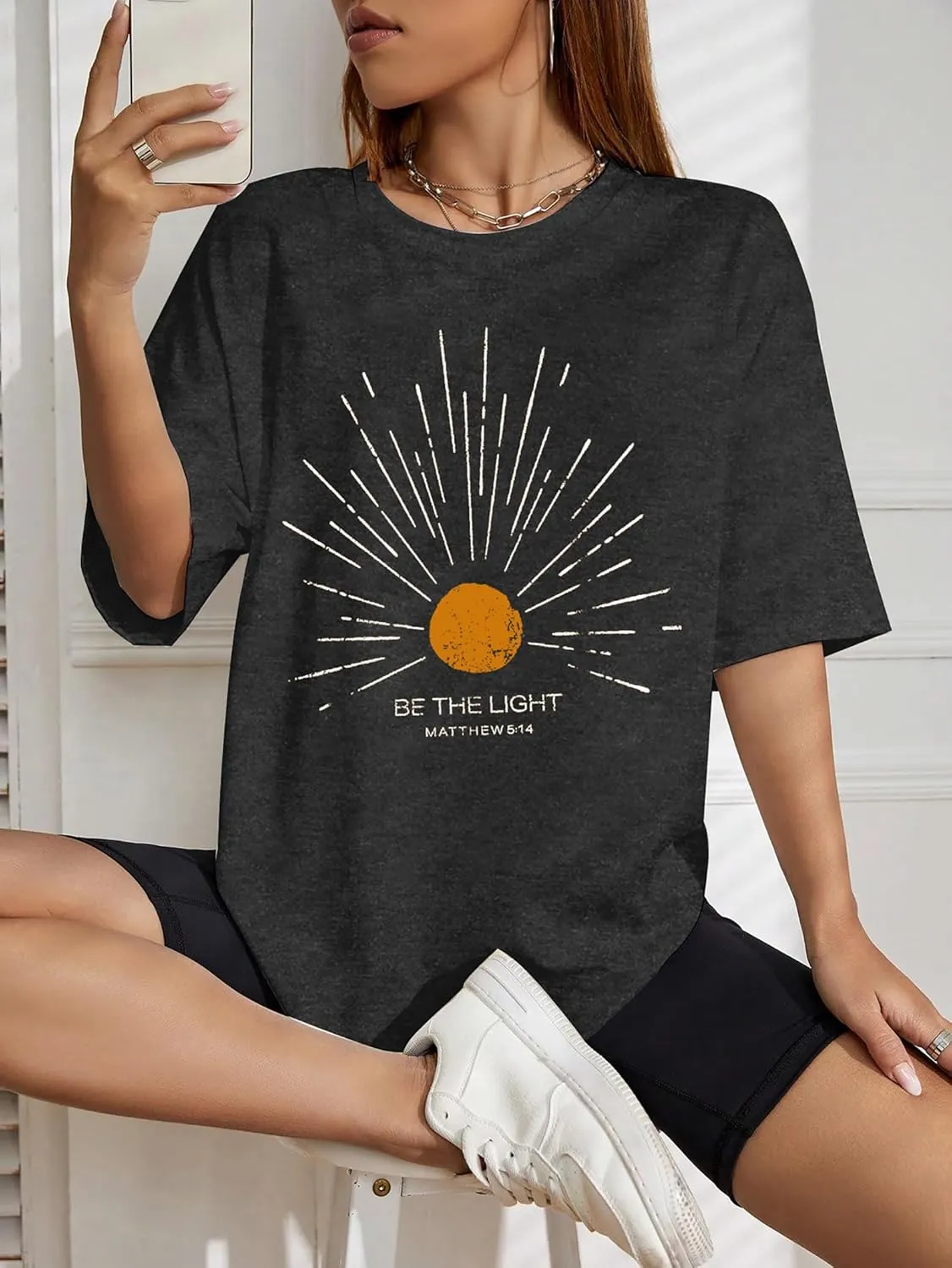 Christian Oversized Shirts Woman Be The Light Jesus Faith Bible Verse Tshirt Casual Christians Inspirational Tee Top