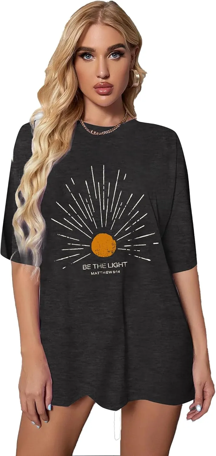 Christian Oversized Shirts Woman Be The Light Jesus Faith Bible Verse Tshirt Casual Christians Inspirational Tee Top