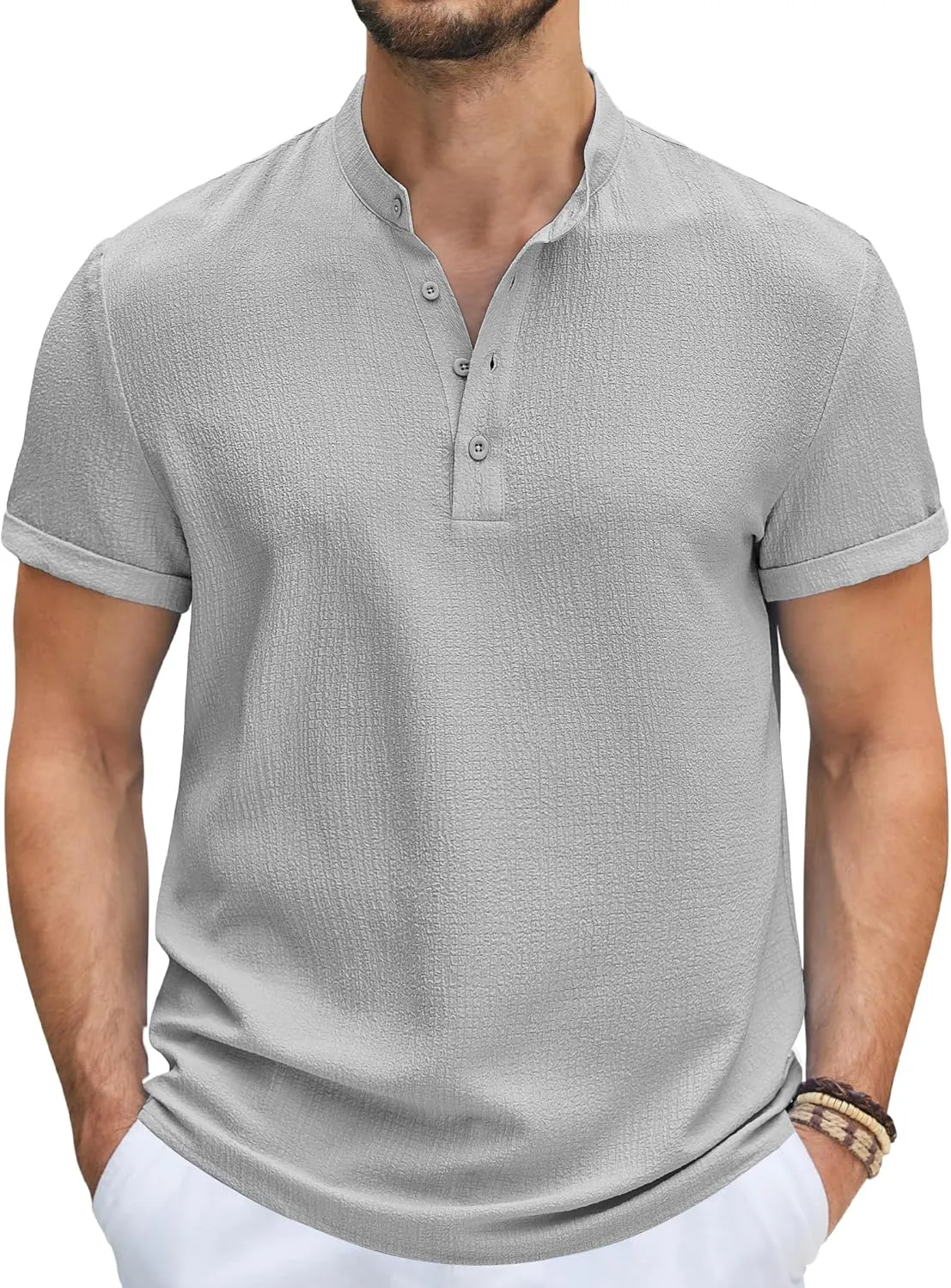 COOFANDY Mens Cotton Linen Short Sleeve Henley Tee Shirt Casual Summer Beach T-Shirt Light Grey