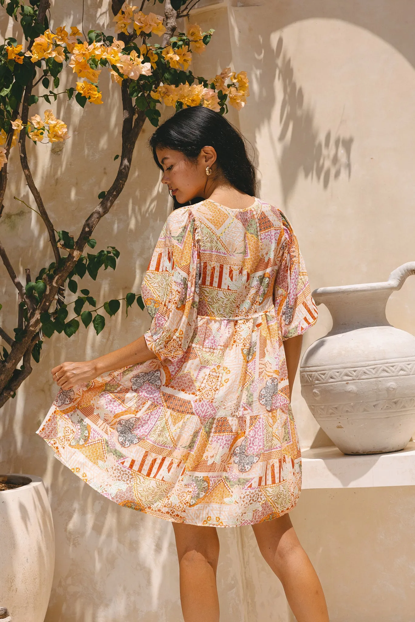 Cornelia Orange Boho Patchwork Mini Dress