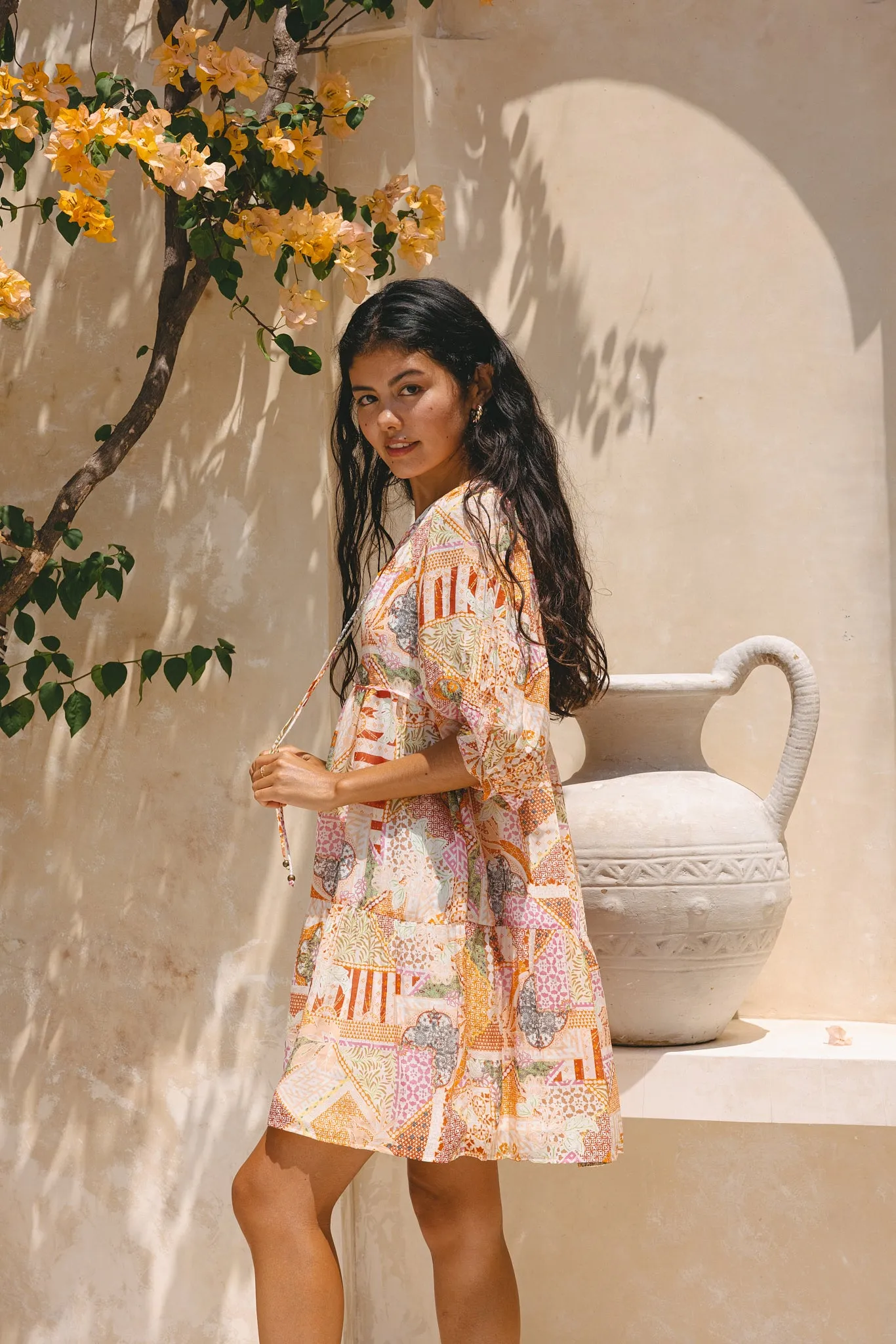 Cornelia Orange Boho Patchwork Mini Dress