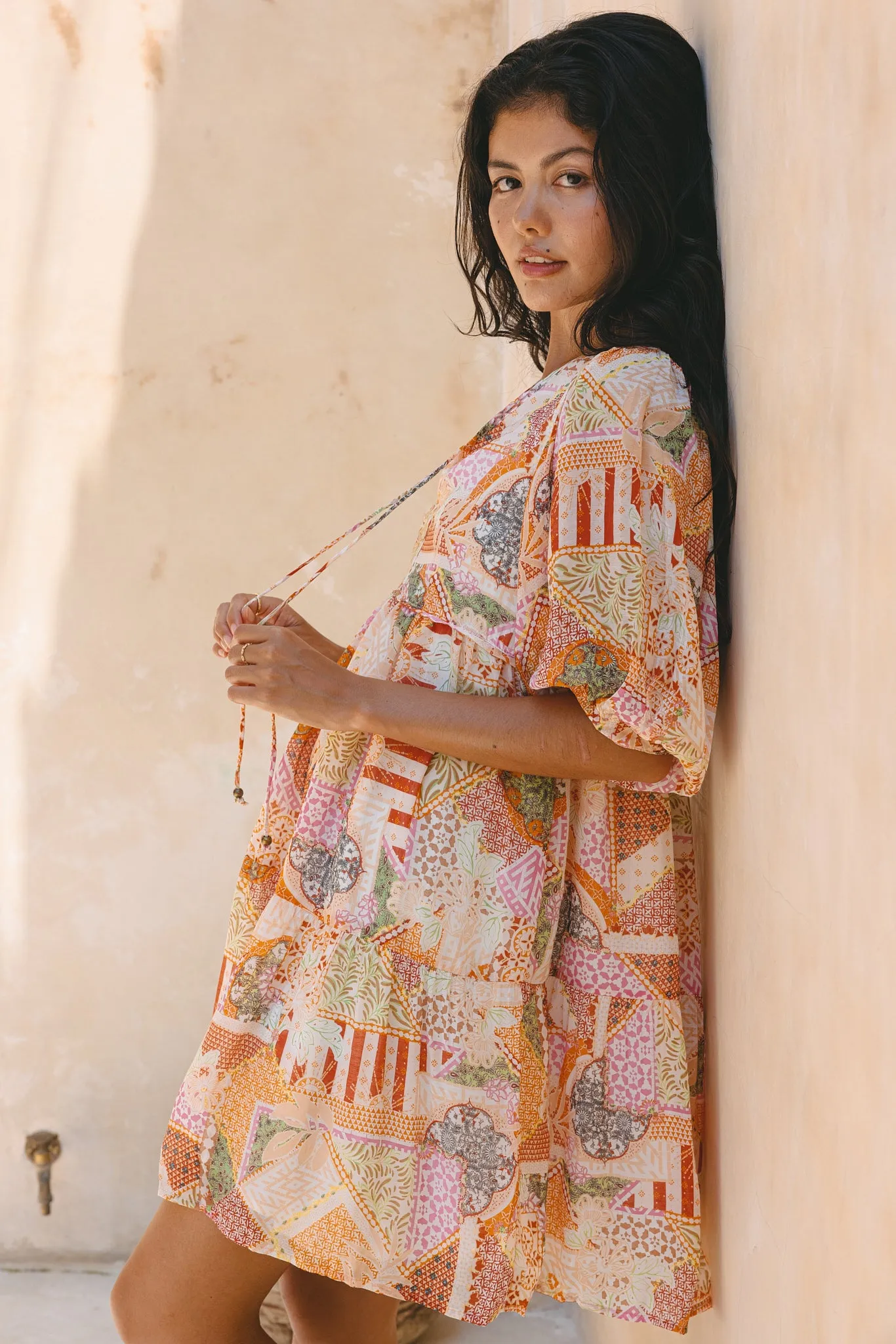 Cornelia Orange Boho Patchwork Mini Dress
