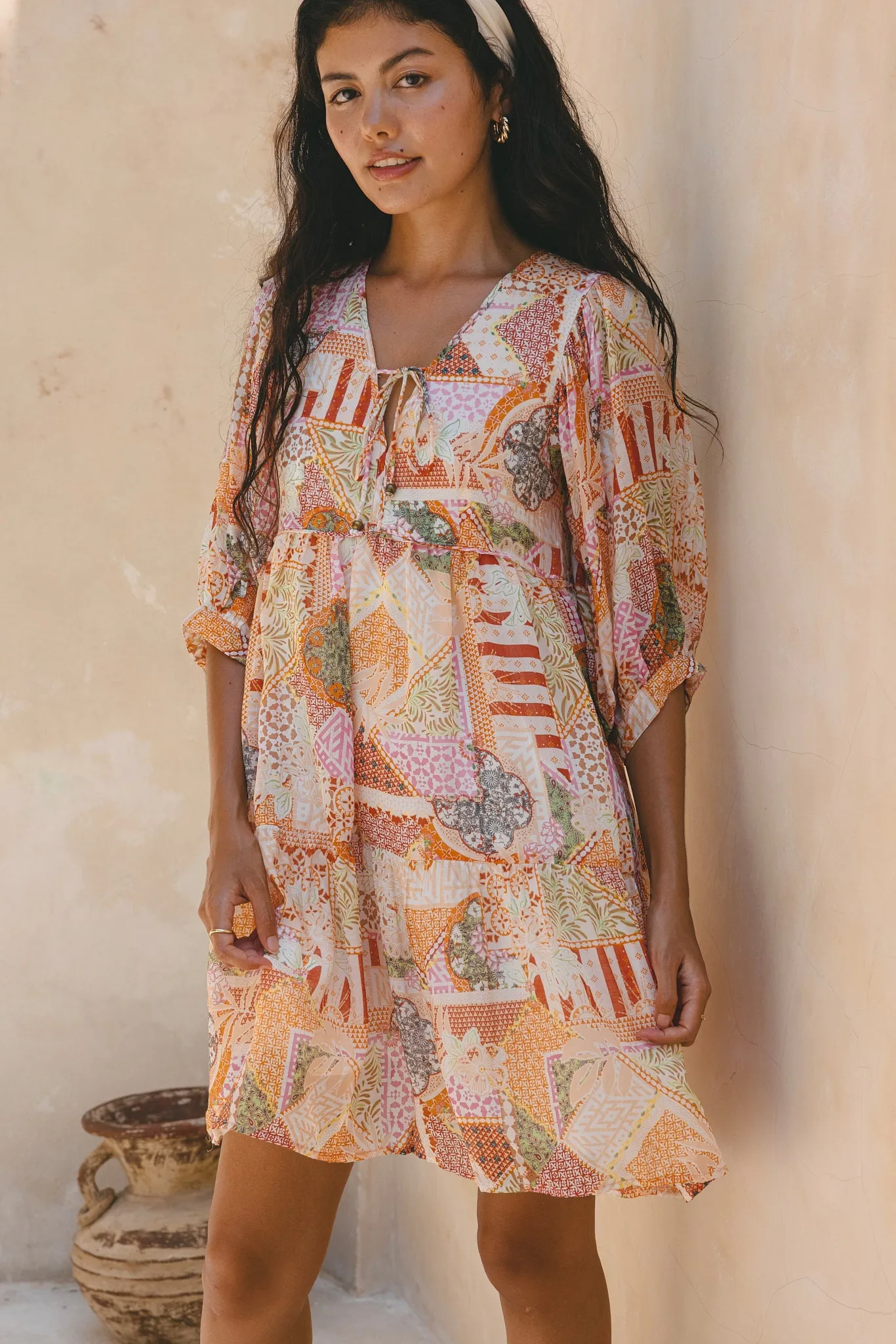 Cornelia Orange Boho Patchwork Mini Dress