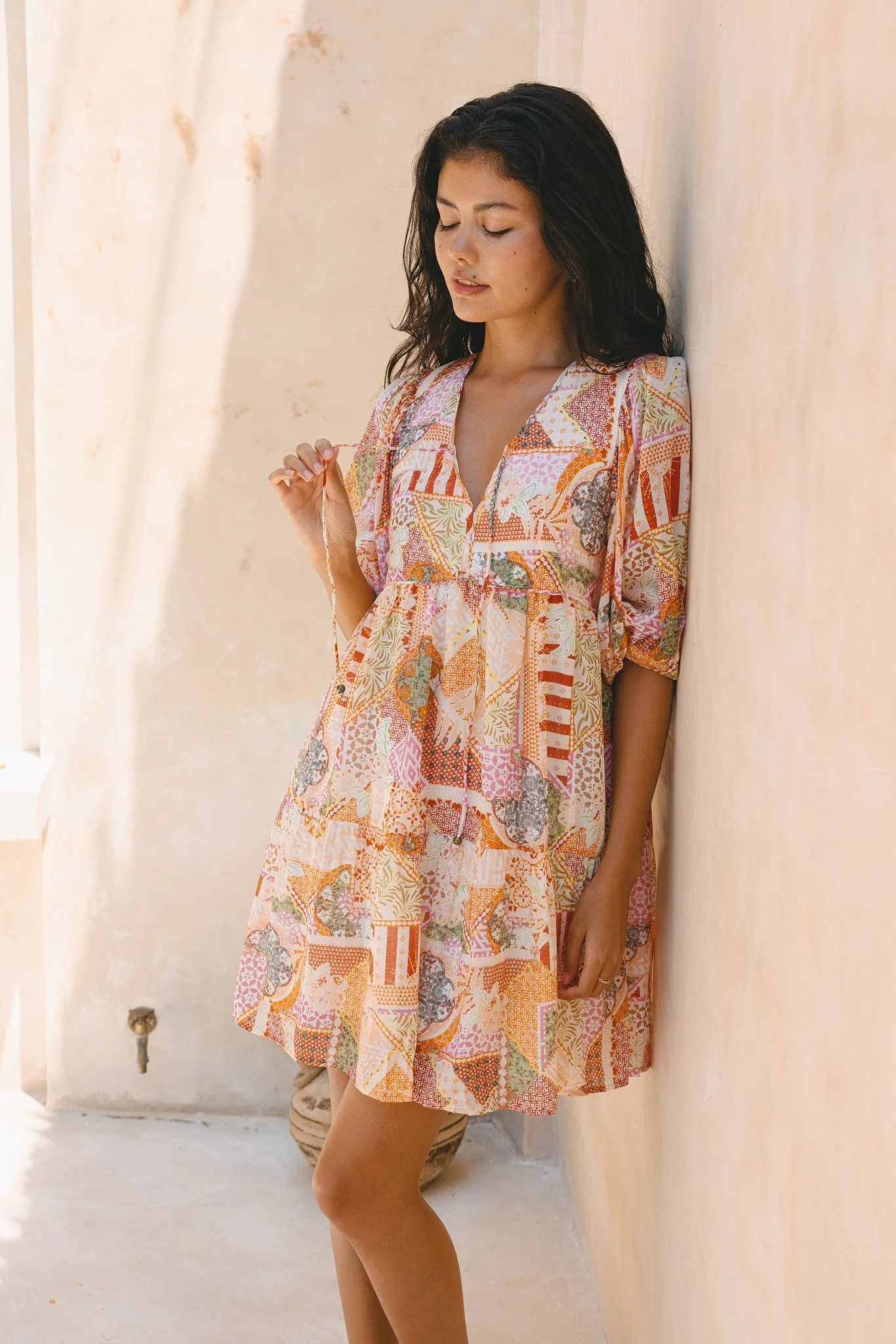 Cornelia Orange Boho Patchwork Mini Dress