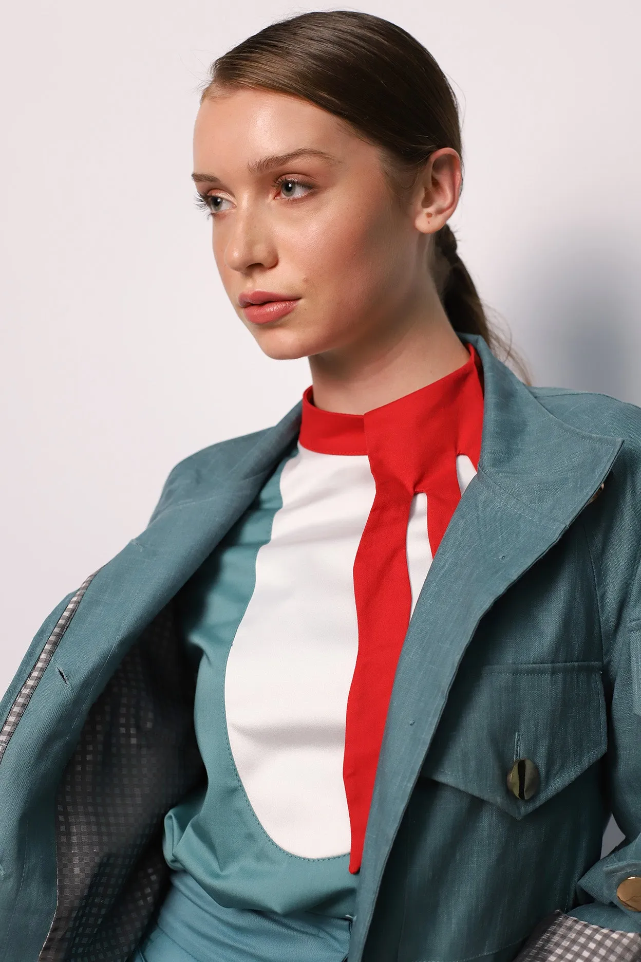 Designer Blouse With Contrast Sleeves Turquoise