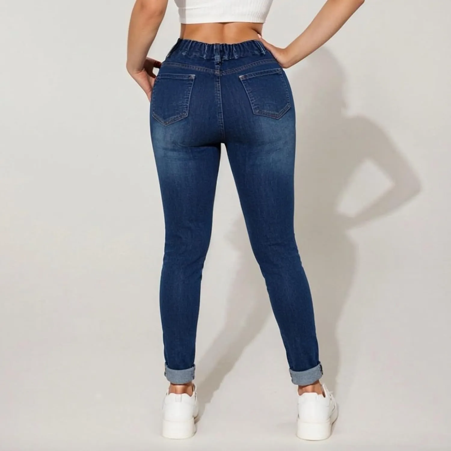 Drawstring High Waisted Jeans for Women Stretchy Tummy Control Pull On Jeans Distressed Classic Jeggings Denim Pants