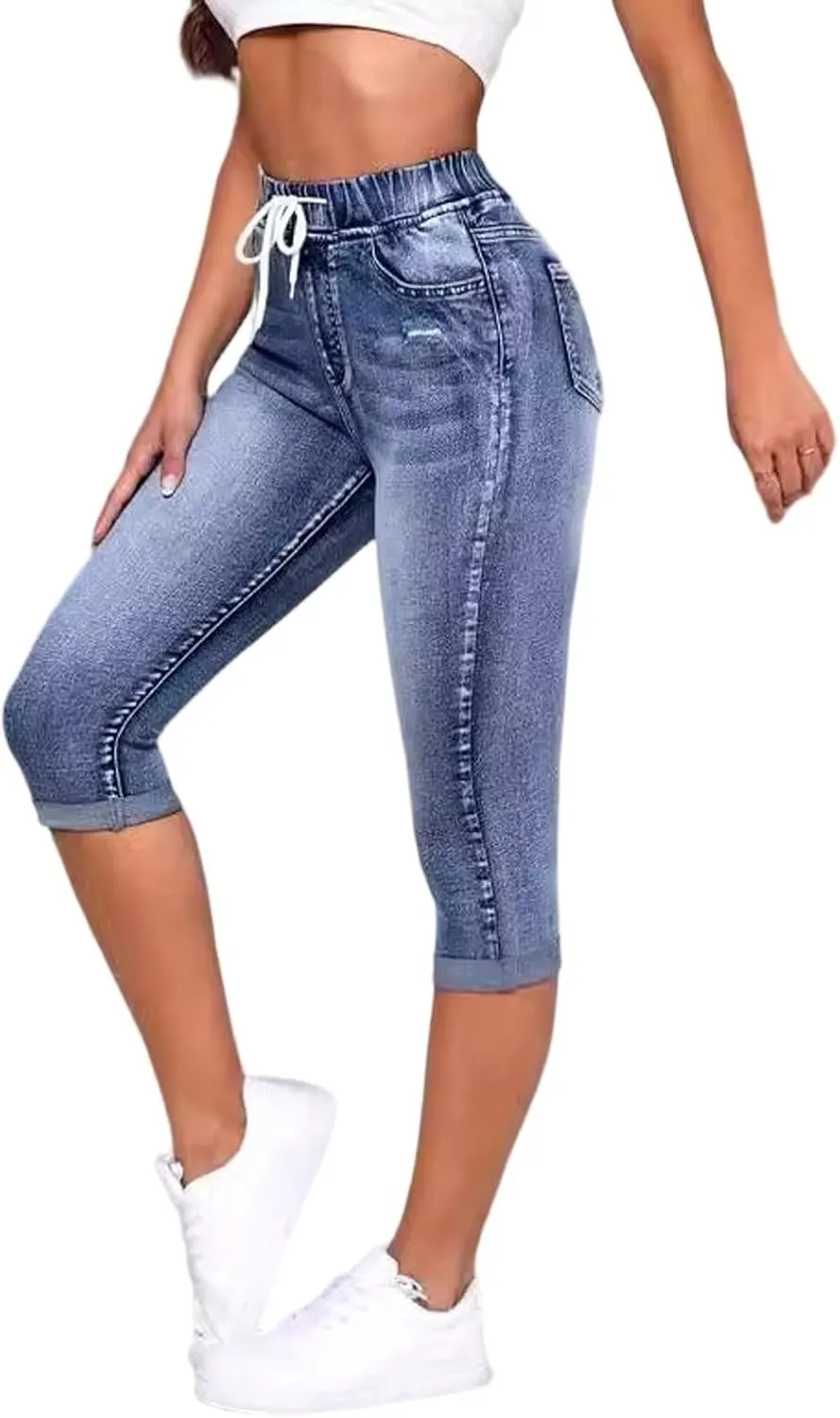 Drawstring High Waisted Jeans for Women Stretchy Tummy Control Pull On Jeans Distressed Classic Jeggings Denim Pants