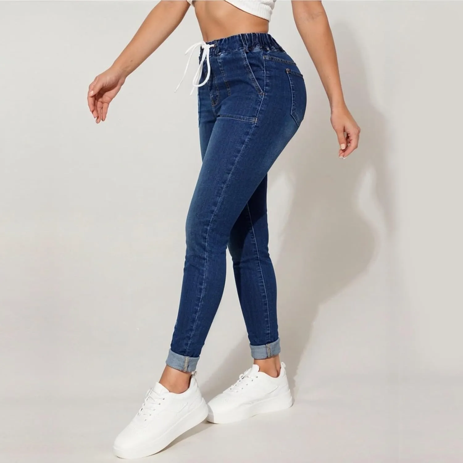 Drawstring High Waisted Jeans for Women Stretchy Tummy Control Pull On Jeans Distressed Classic Jeggings Denim Pants