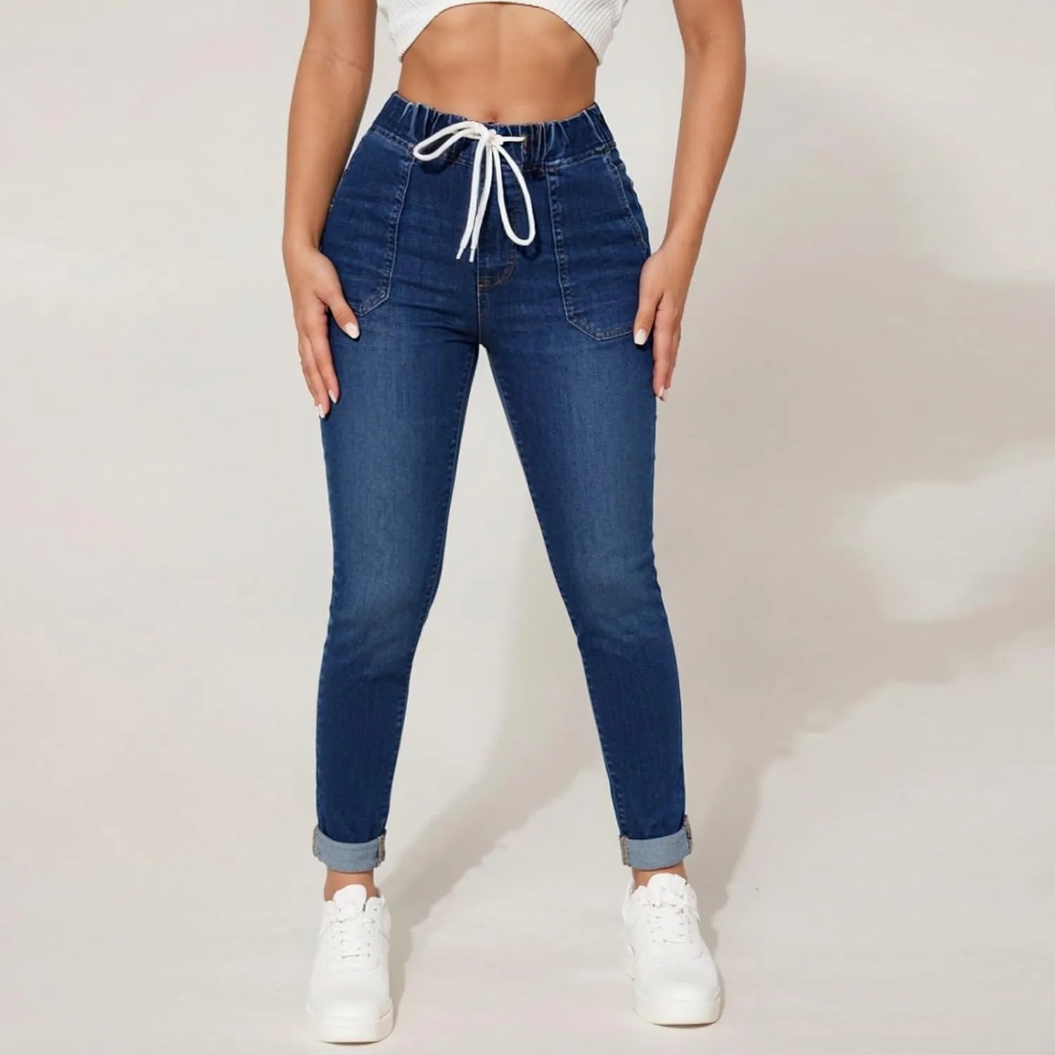 Drawstring High Waisted Jeans for Women Stretchy Tummy Control Pull On Jeans Distressed Classic Jeggings Denim Pants