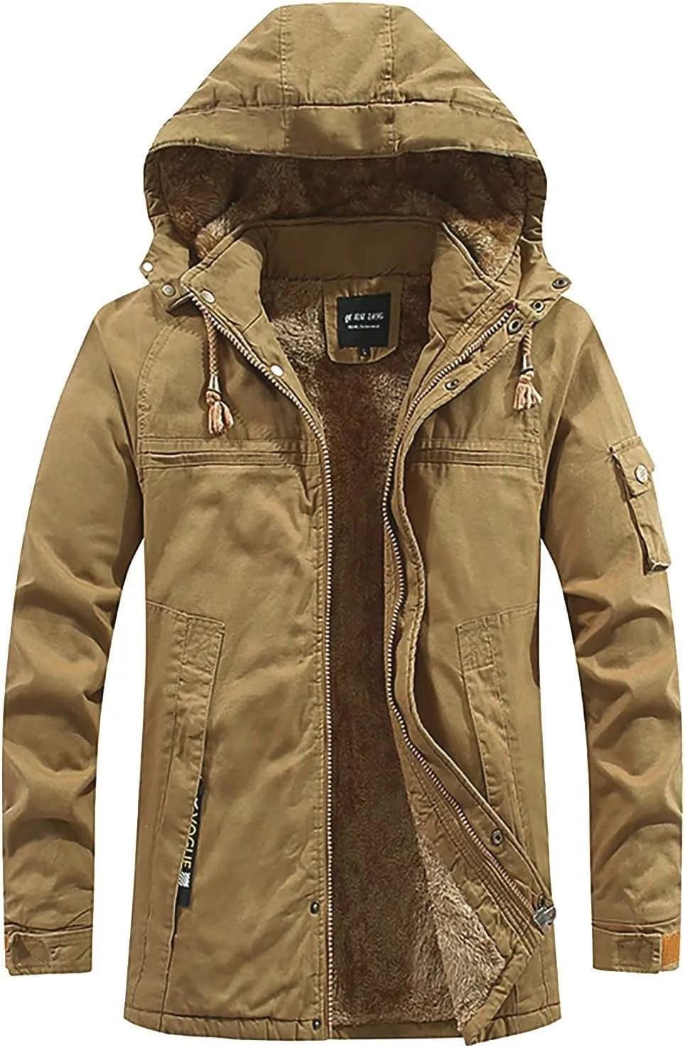DuDubaby Warm Winter Jacket for Men Faux Fur Lined Coat Winter Hooded Windproof Solid Long Sleeve Soft Coat Shell Jacket