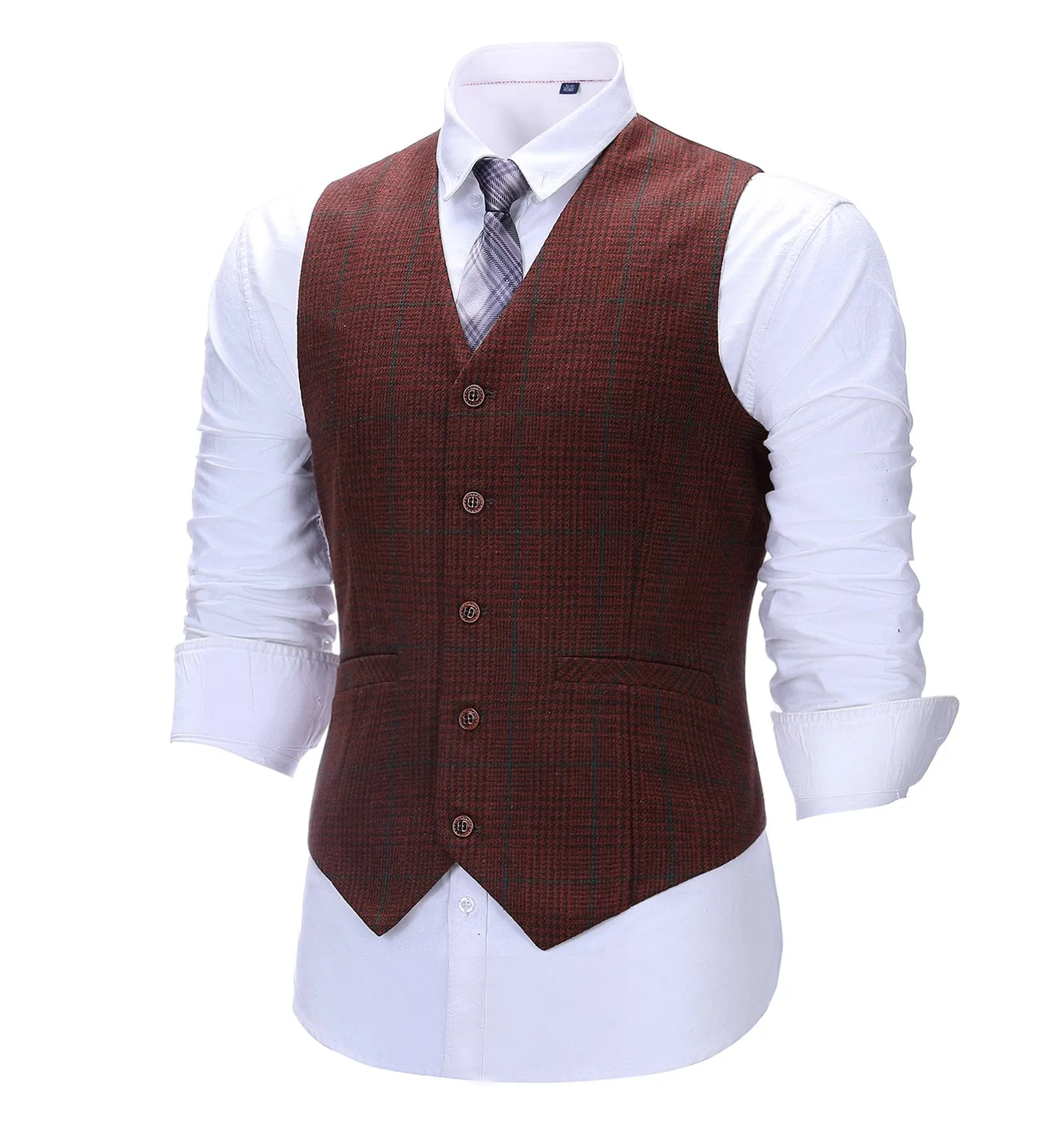 Formal Men's Suit Vest Red Tweed Plaid V Neck Waistcoat