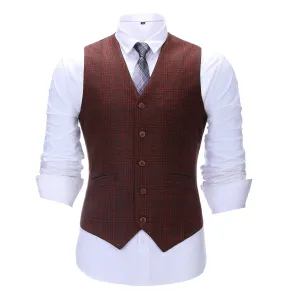 Formal Men's Suit Vest Red Tweed Plaid V Neck Waistcoat