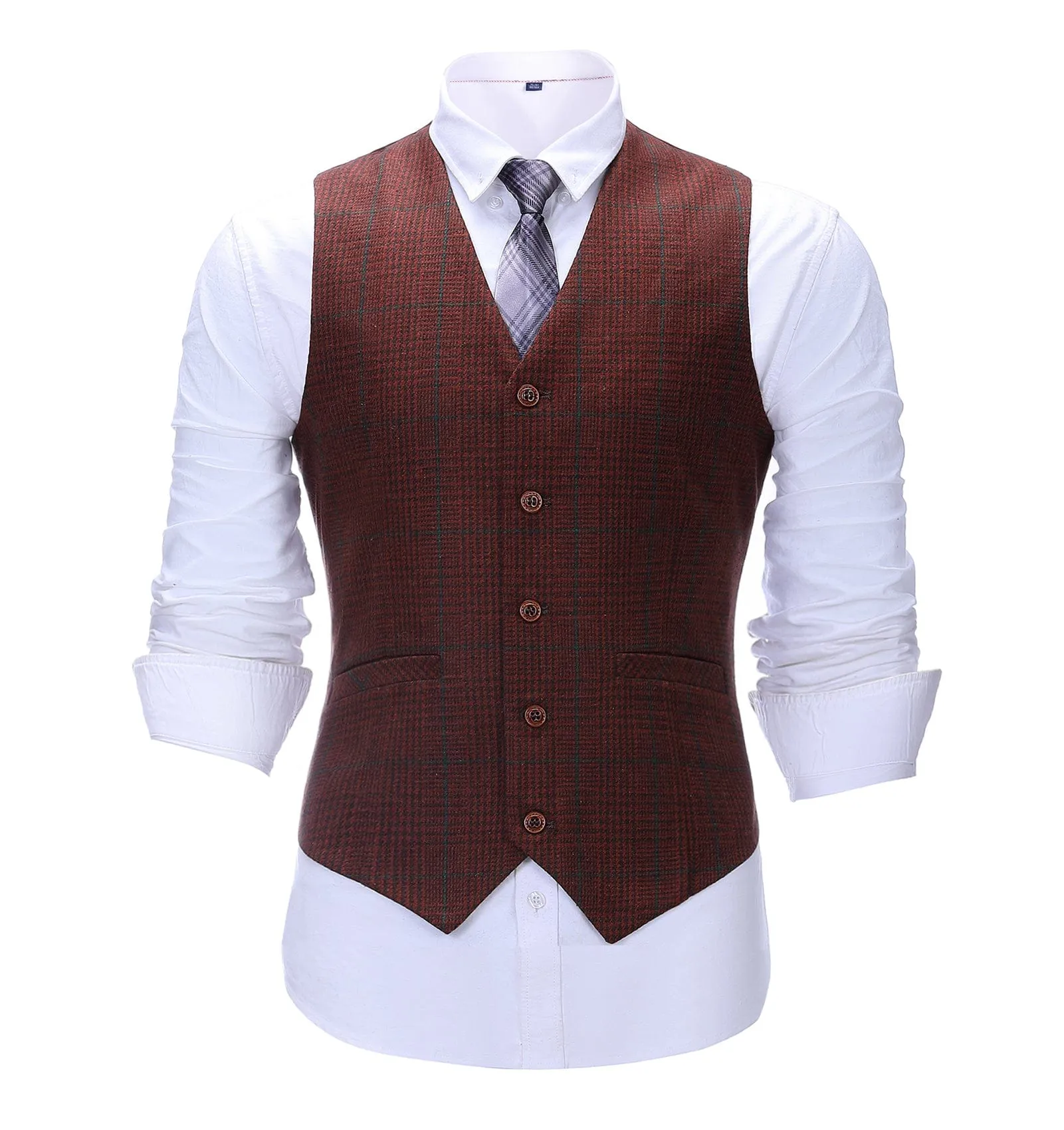 Formal Men's Suit Vest Red Tweed Plaid V Neck Waistcoat