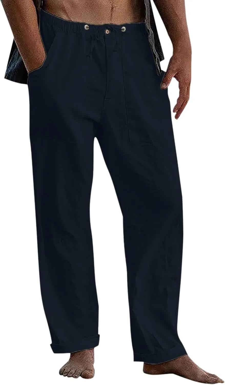 GIERIDUC Men's Sweatpants Open Bottom Baggy Cotton Linen Sweat Pants for Men Lightweight Breathable Lounge Pants with Pockets